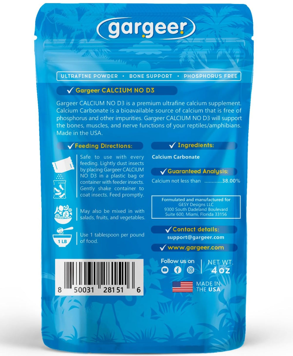 Poudre calcium Gargeer ultra-fin sans D3, idéal pour enrobage des proies.