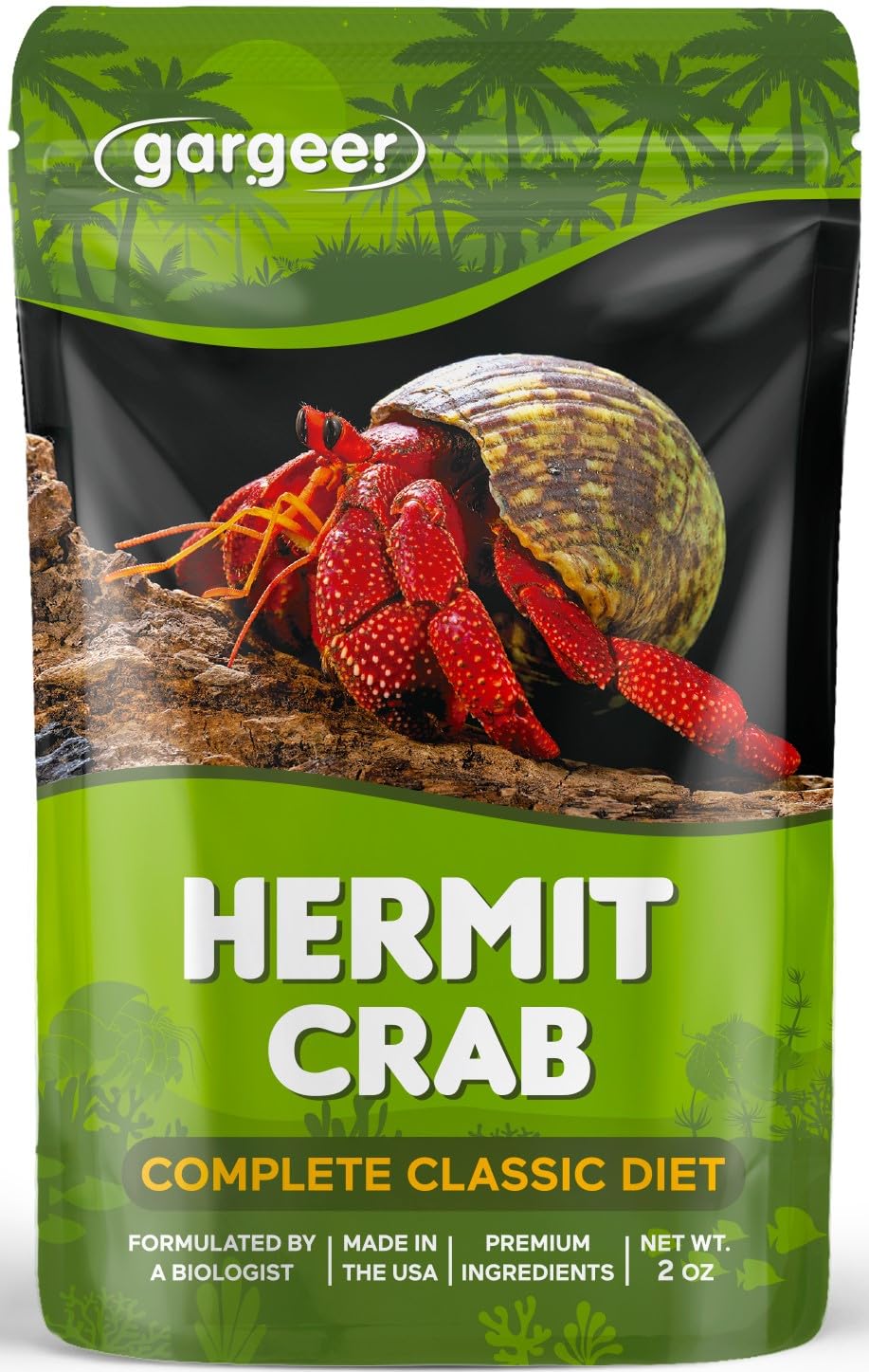 Emballage Gargeer Hermit Crab Complete Diet montrant des ingrédients premium