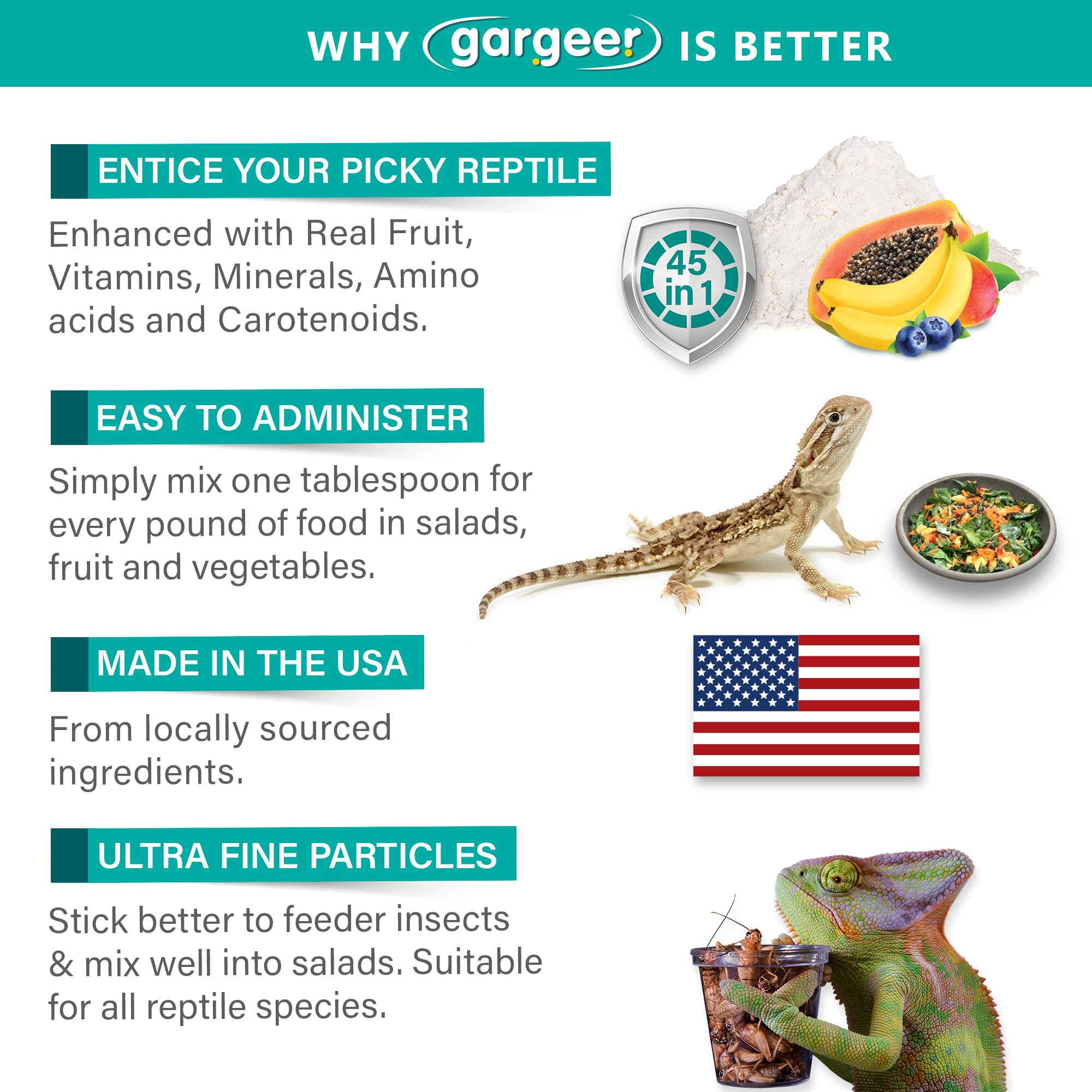 Gargeer ingrédients clés tels que kelp et spiruline pour reptiles.