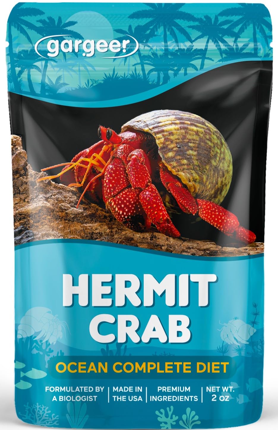 Gargeer Ocean Blend — étiquette du produit montrant le mélange complet pour crabe hermite.