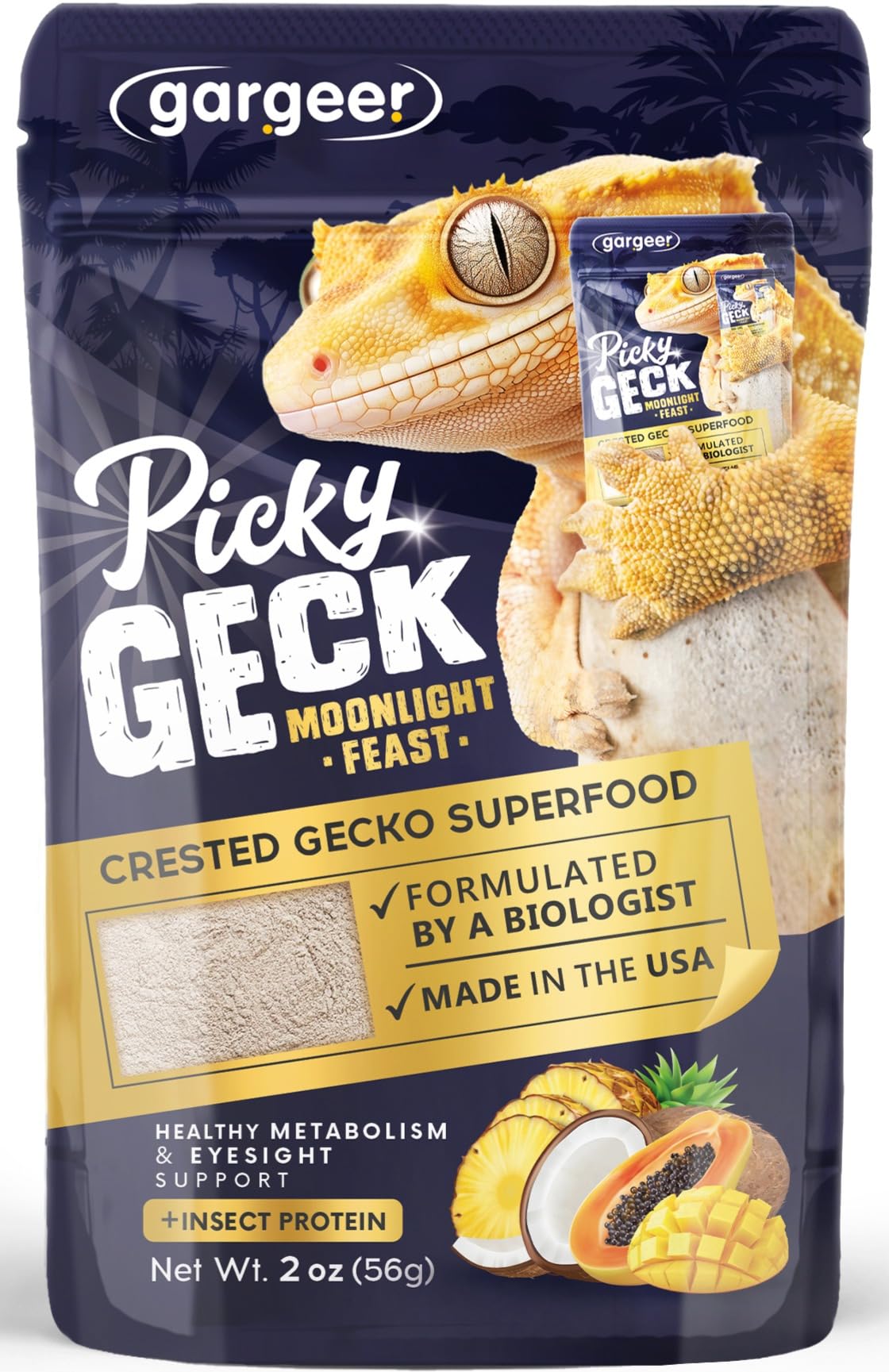 Gargeer Picky Geck Moonlight Feast dans un bocal, nutrition équilibrée pour geckos nocturnes.