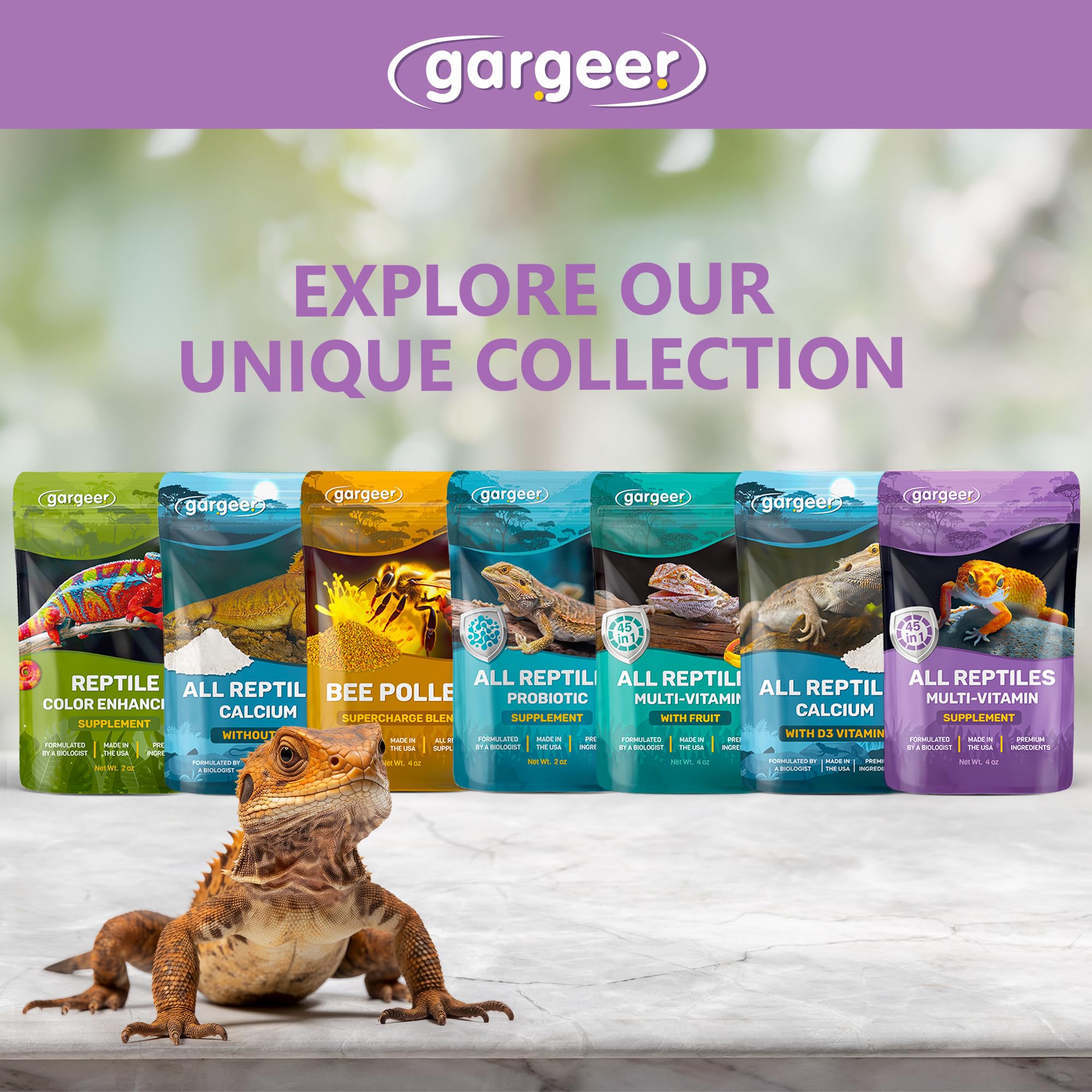 Gargeer Reptile Multivitamine fabriqué aux États-Unis pour une qualité locale.