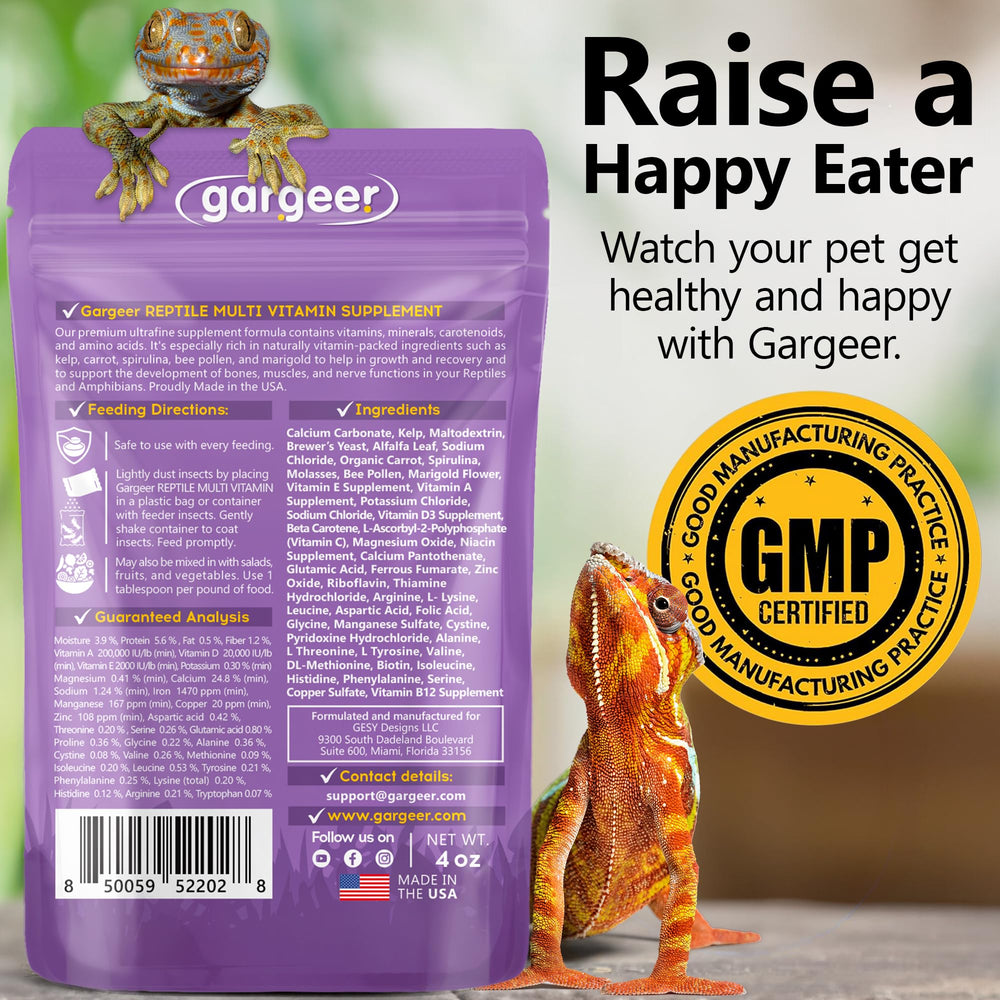 Poudre ultra-fin Gargeer Reptile Multivitamine idéale pour faciliter l'alimentation et le soutien nutritionnel.