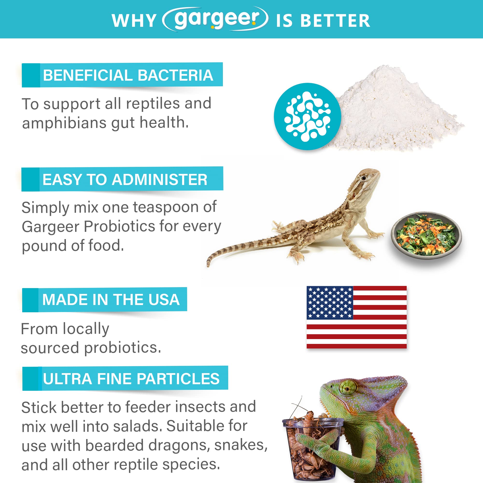Emballage fabriqué aux États-Unis pour Gargeer Reptile Probiotics, garantissant qualité et sécurité.