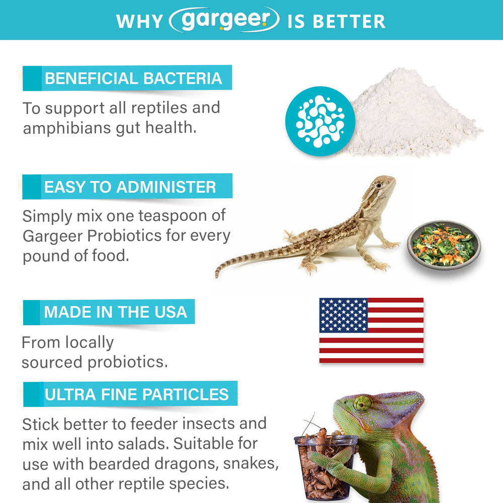 Emballage fabriqué aux États-Unis pour Gargeer Reptile Probiotics, garantissant qualité et sécurité.