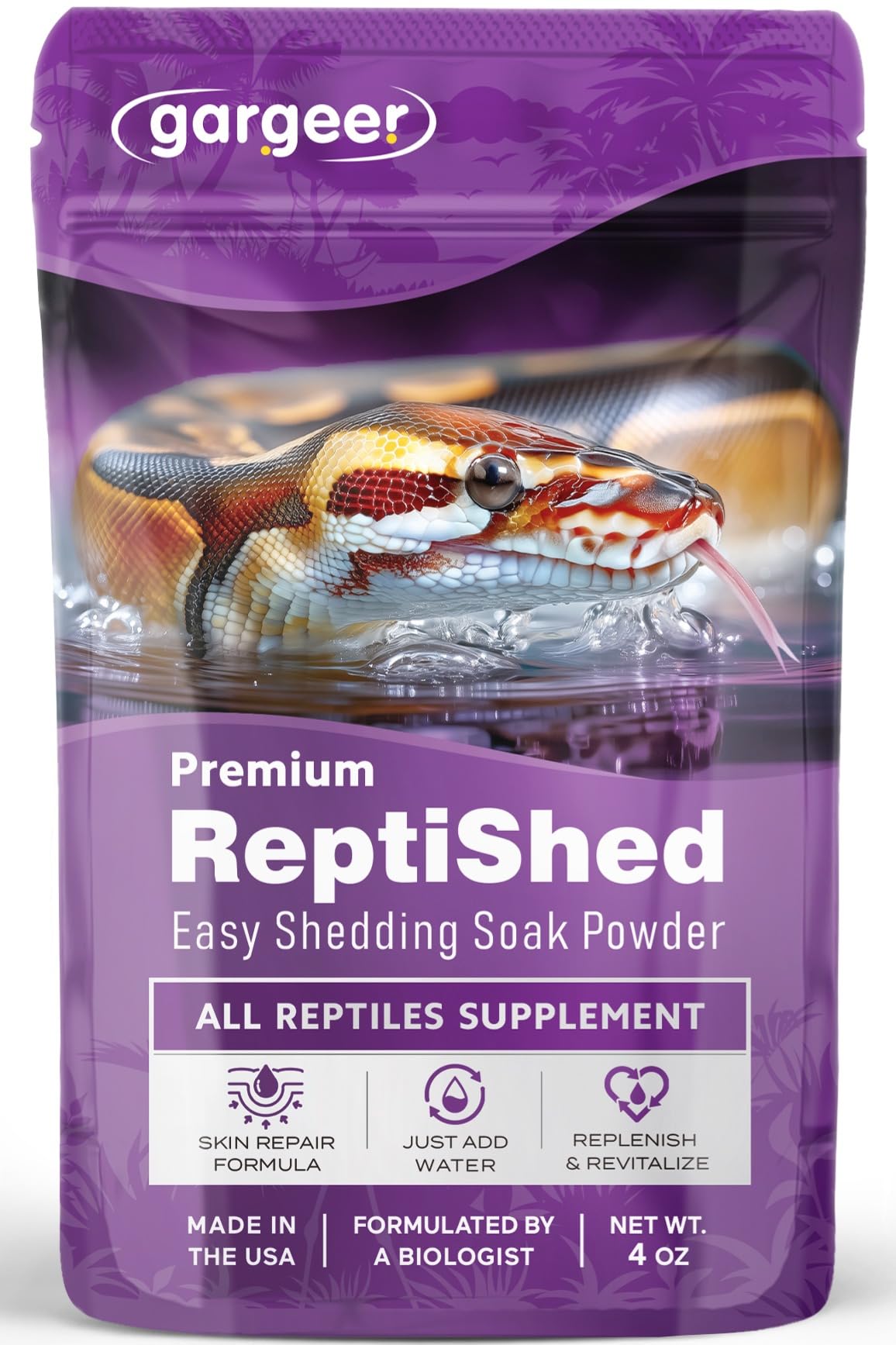 Gargeer ReptiShed poudre bain pour faciliter la mue et hydrater la peau des reptiles.