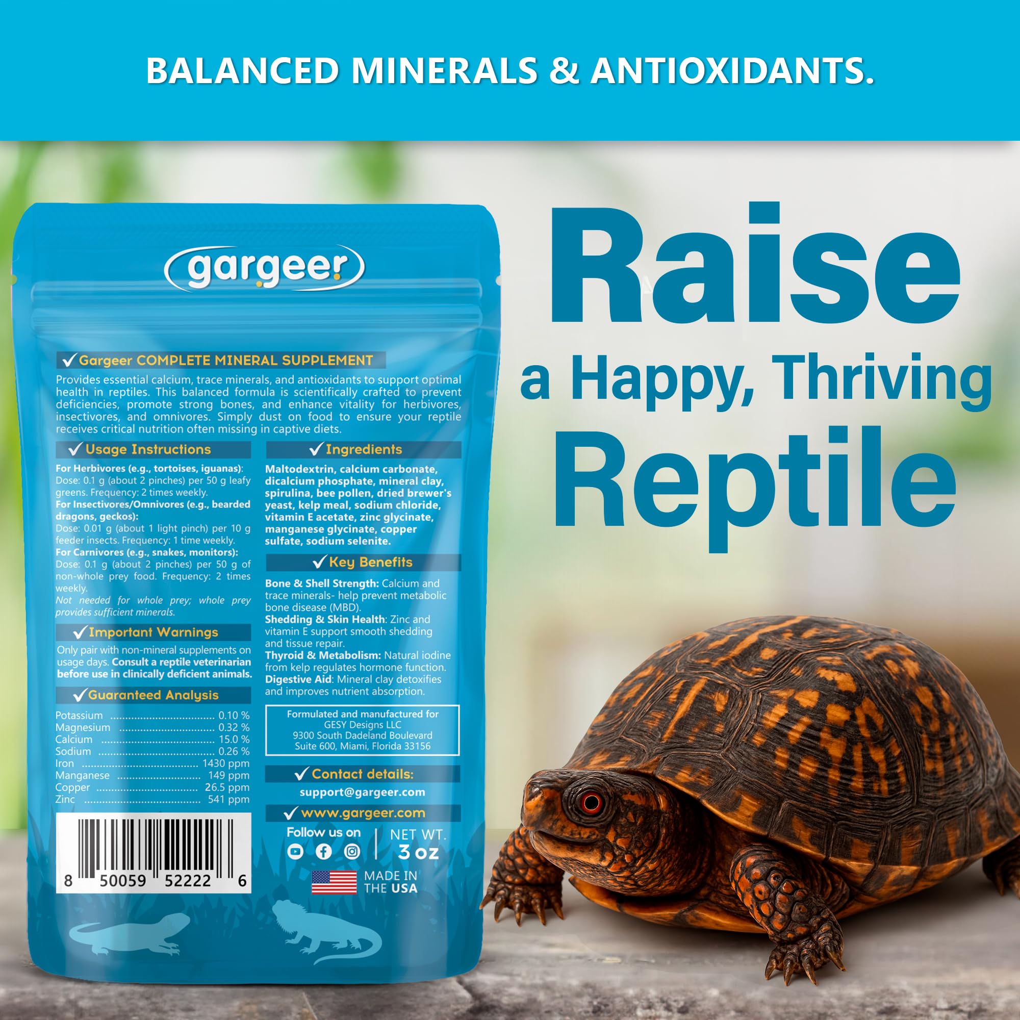Gargeer Minéraux Complets Reptile, sachet-ferme facilitant le dosage.