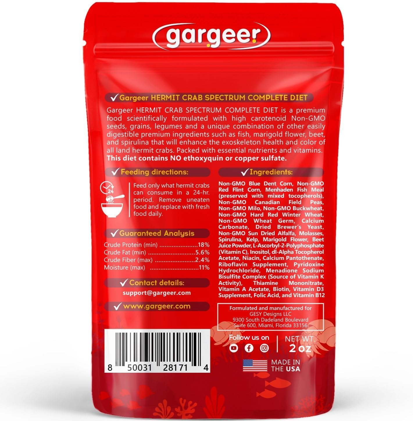 Gargeer Spectrum Diet favorise une croissance saine de la carapace des crabe-ermites pour une protection naturelle.