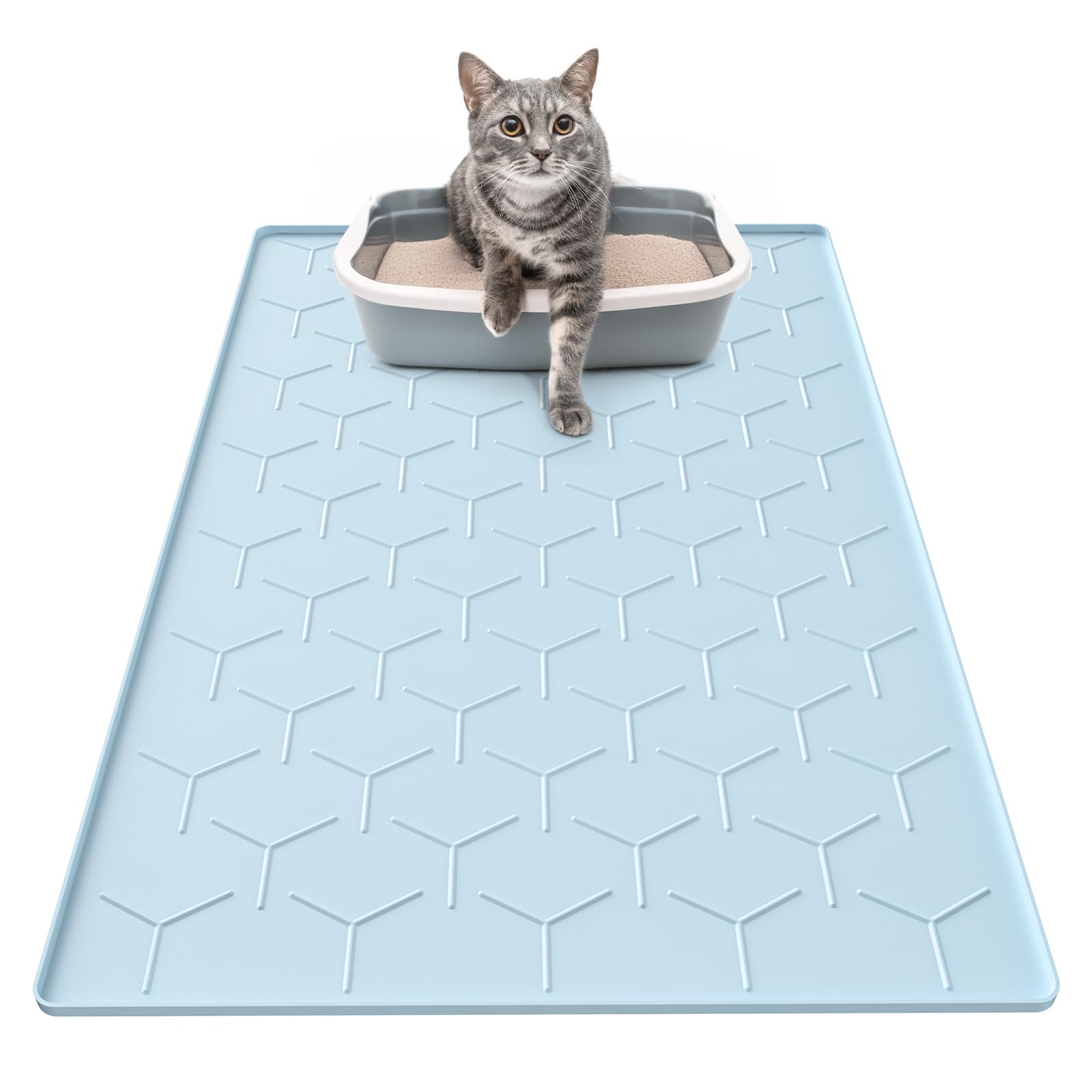 Tapis Garoopion litière chat bleu grand, réduction des traces de litière.