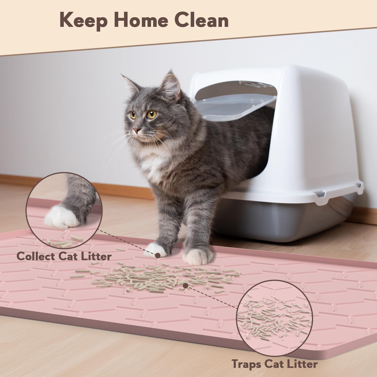 Garoopion Tapis litière chat silicone rose – bords hauts évitent les fuites et éclaboussures.