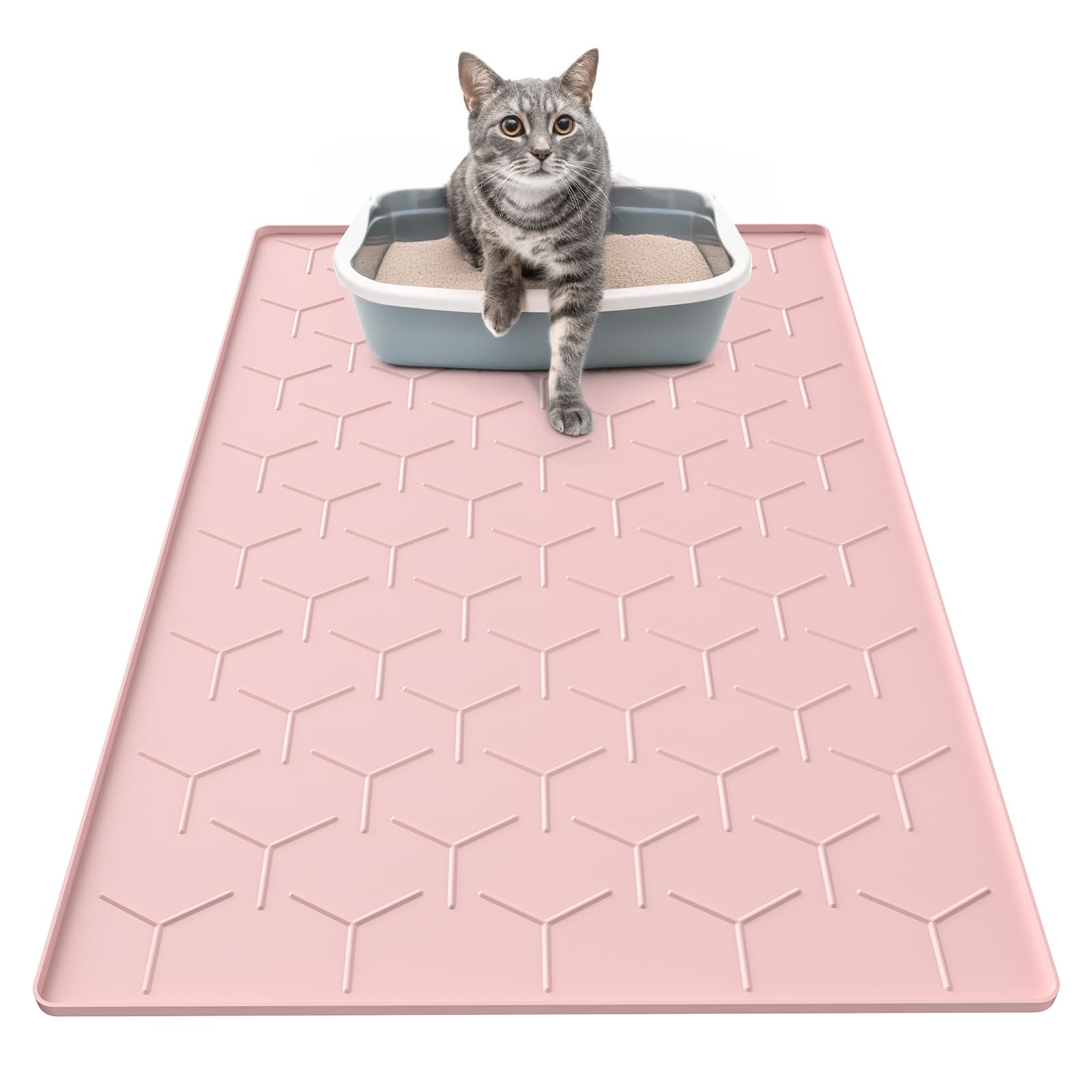Garoopion Tapis litière chat silicone rose 34x22 – retient les grains et protège le sol.