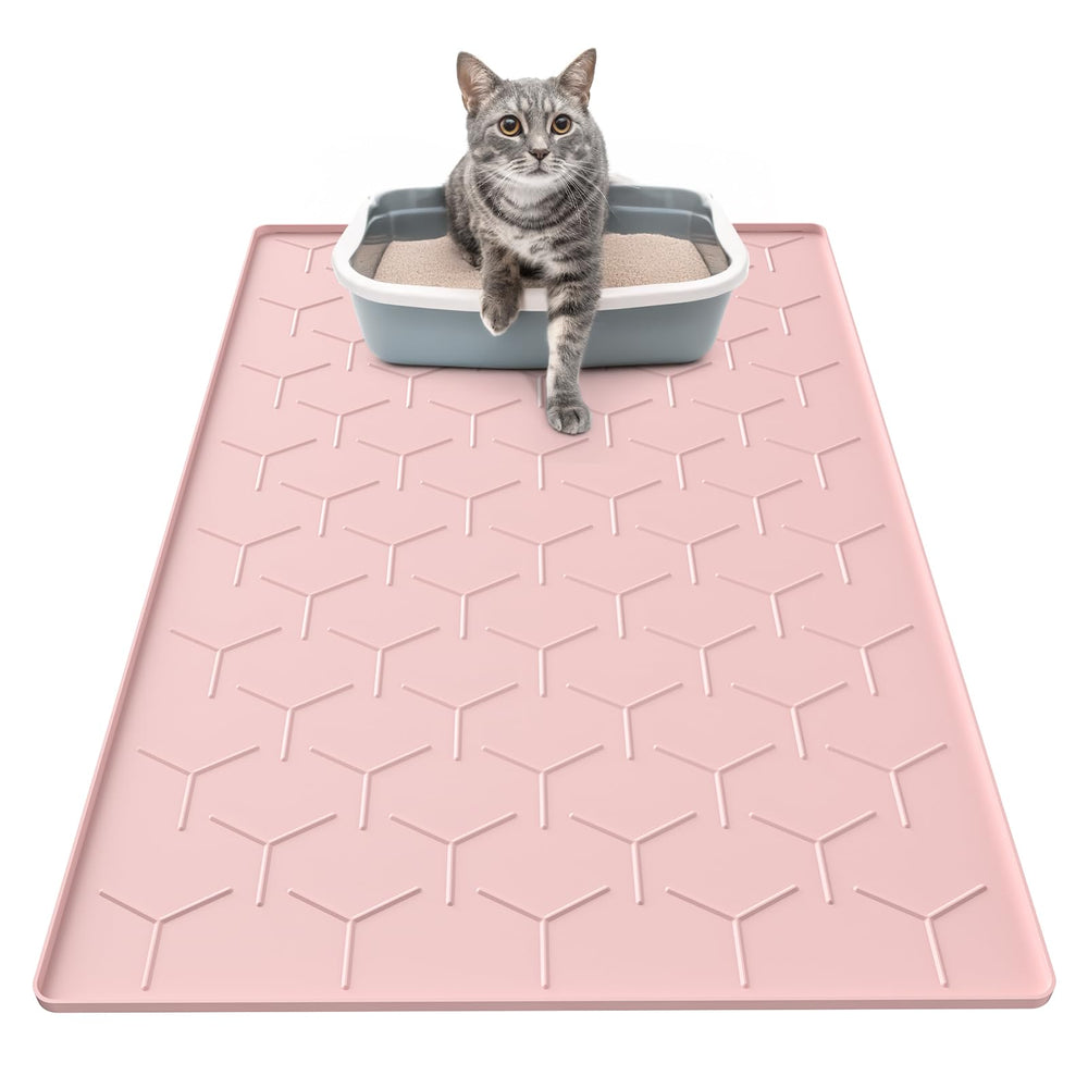 Garoopion Tapis litière chat silicone rose 34x22 – retient les grains et protège le sol.