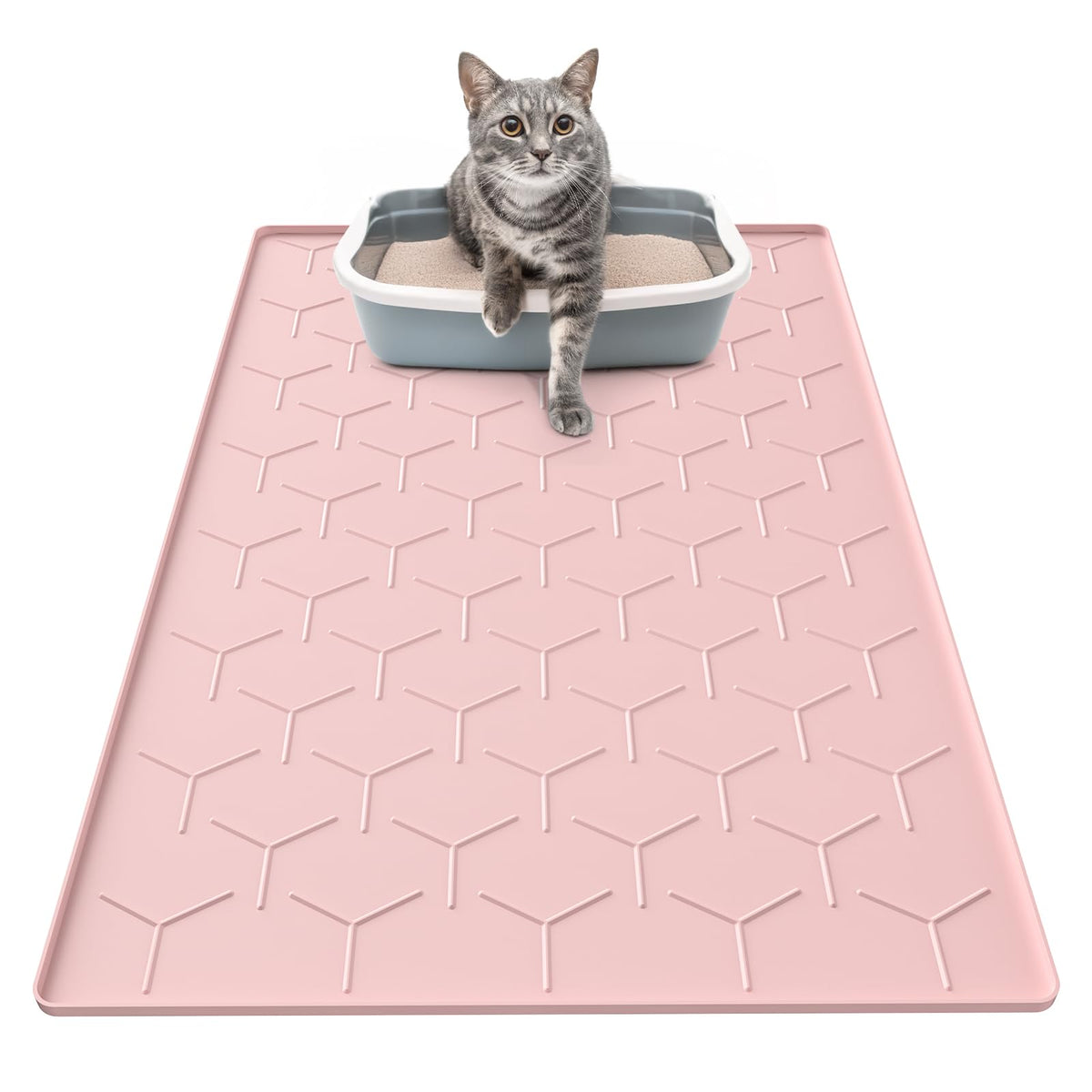 Garoopion Tapis litière chat silicone rose 34x22 – retient les grains et protège le sol.