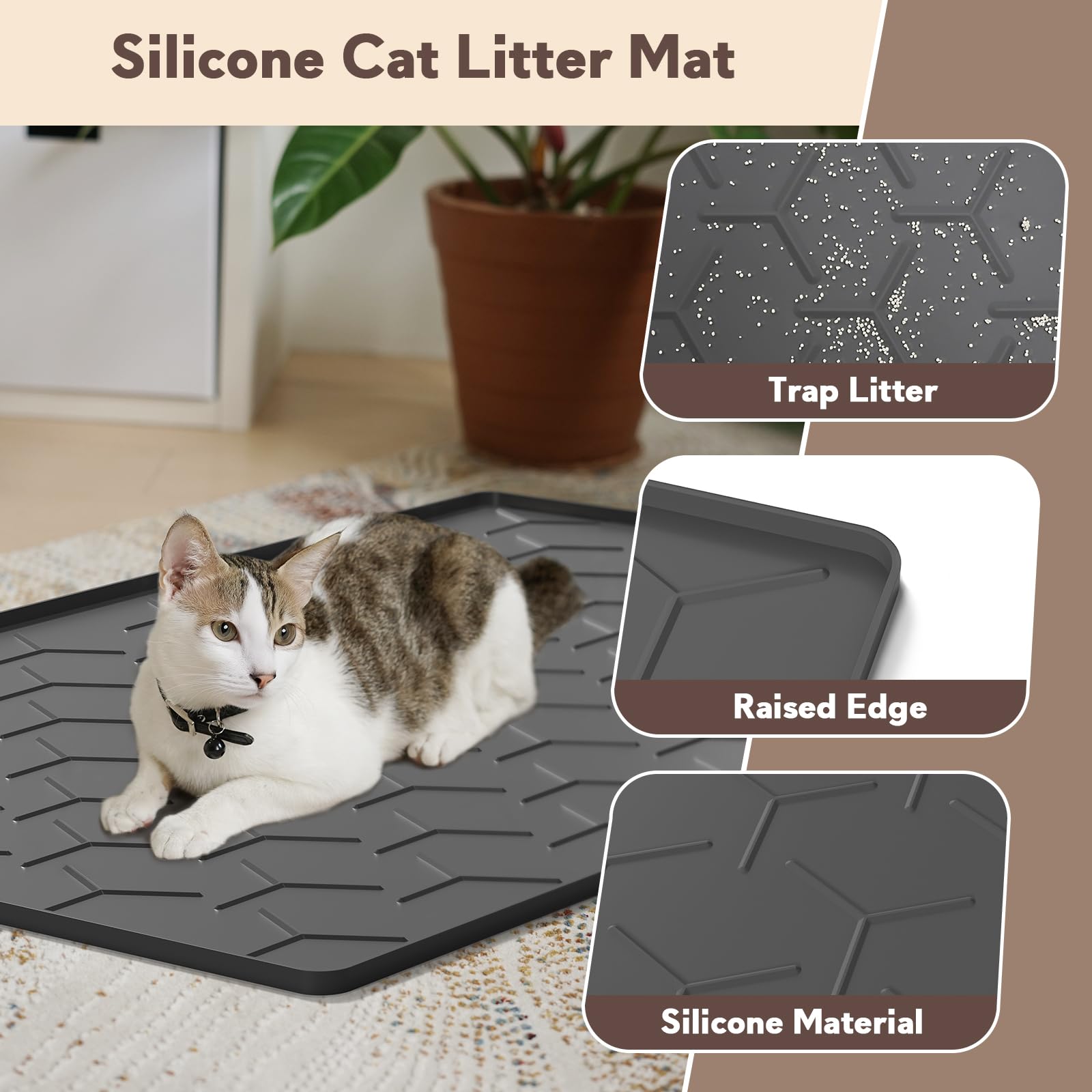Garoopion tapis-litiere nettoyage rapide, surface silicone facile a entretenir.