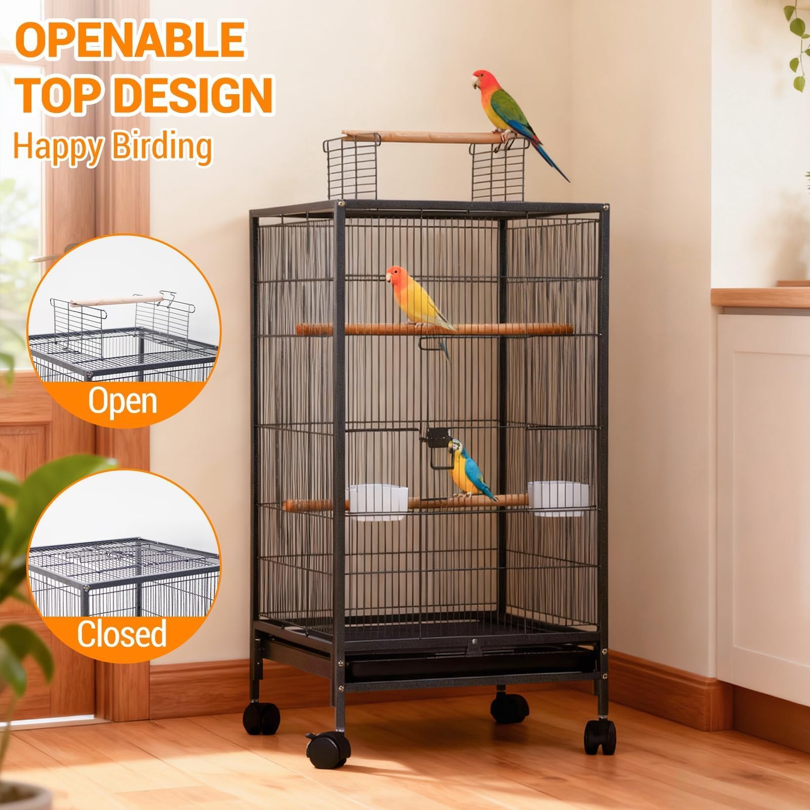 GarveeHome porte haut ouvert pour interaction facile avec l’oiseau.