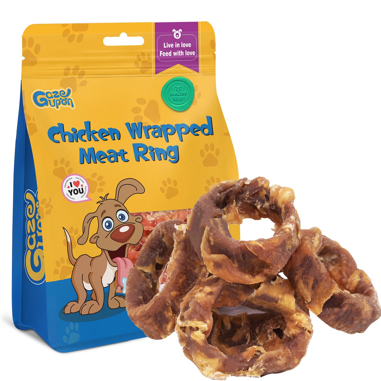 Friandise gazeupon : anneau de viande enrobe poulet, texture savoureuse pour chien.
