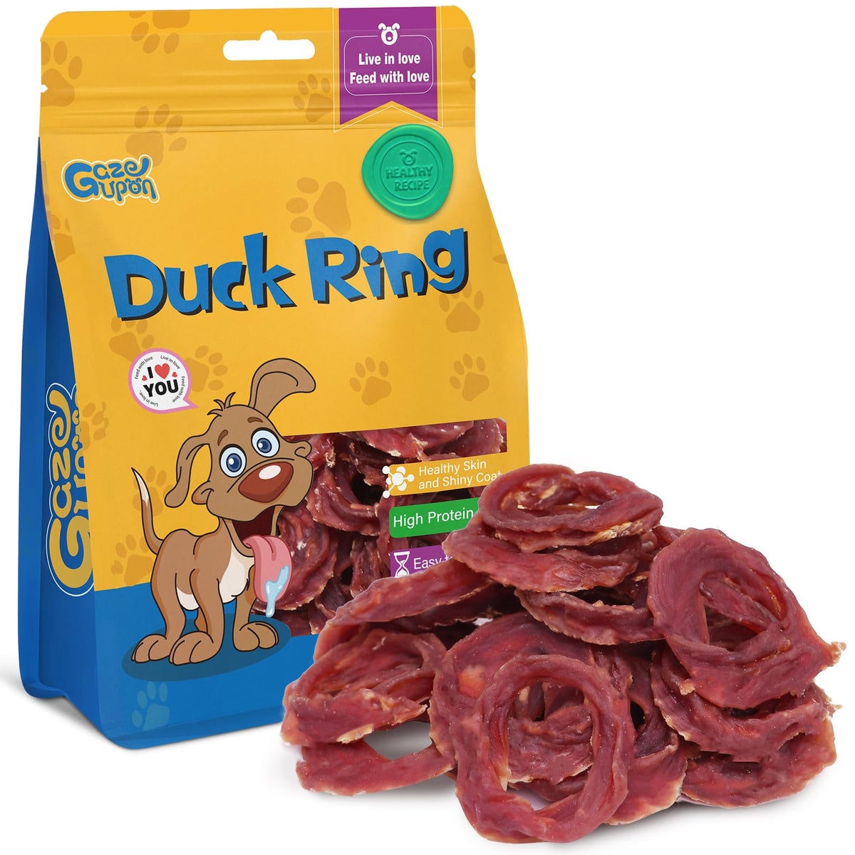 gazeupon emballage anneaux canard séchés – snack pratique et savoureux pour chiens.