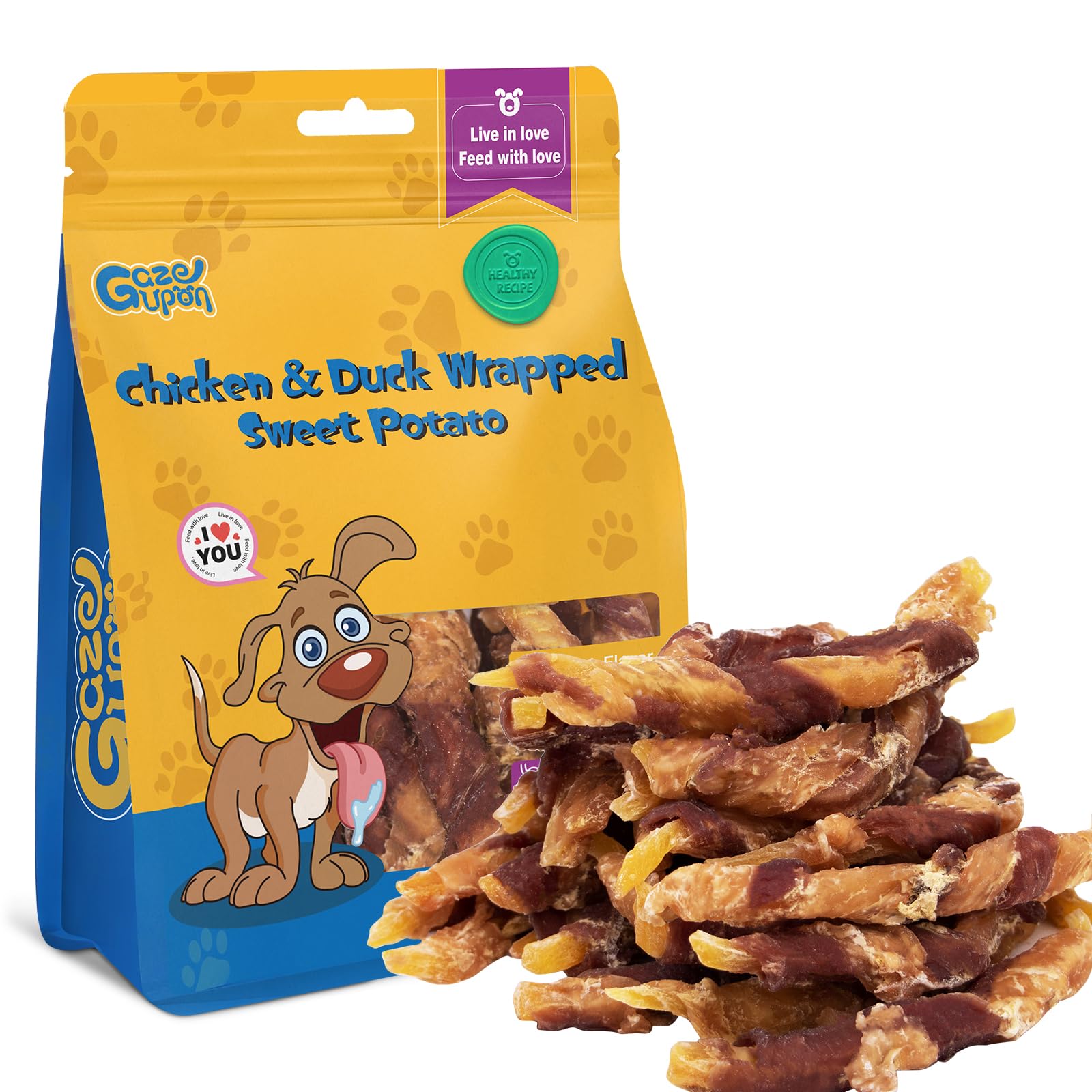 Friandises gazeupon pour chiens poulet et canard enveloppées de patate douce, idéal pour l'entraînement.