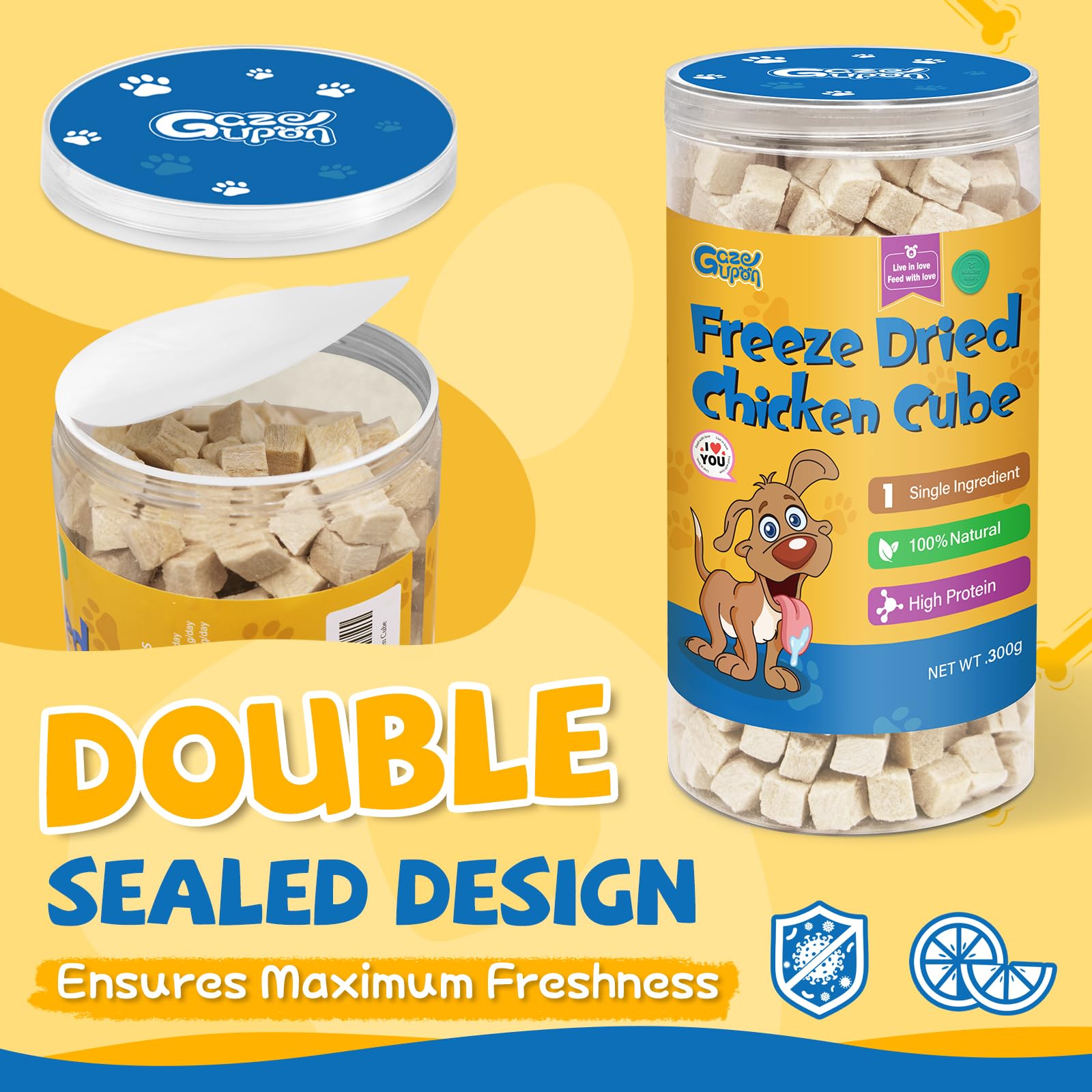 gazeupon protéine élevée poulet, snack riche pour chiens actifs.