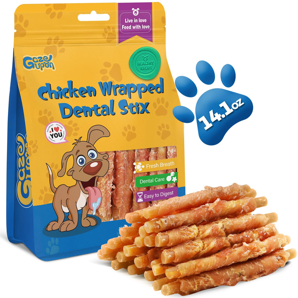 Gazeupon snacking dentaires chien wrap poulet beurre arachide: routine dentaire savoureuse.