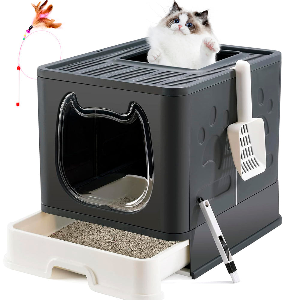Bac litière Gefryco avec couvercle et entrée supérieure pour chat, noir élégant.