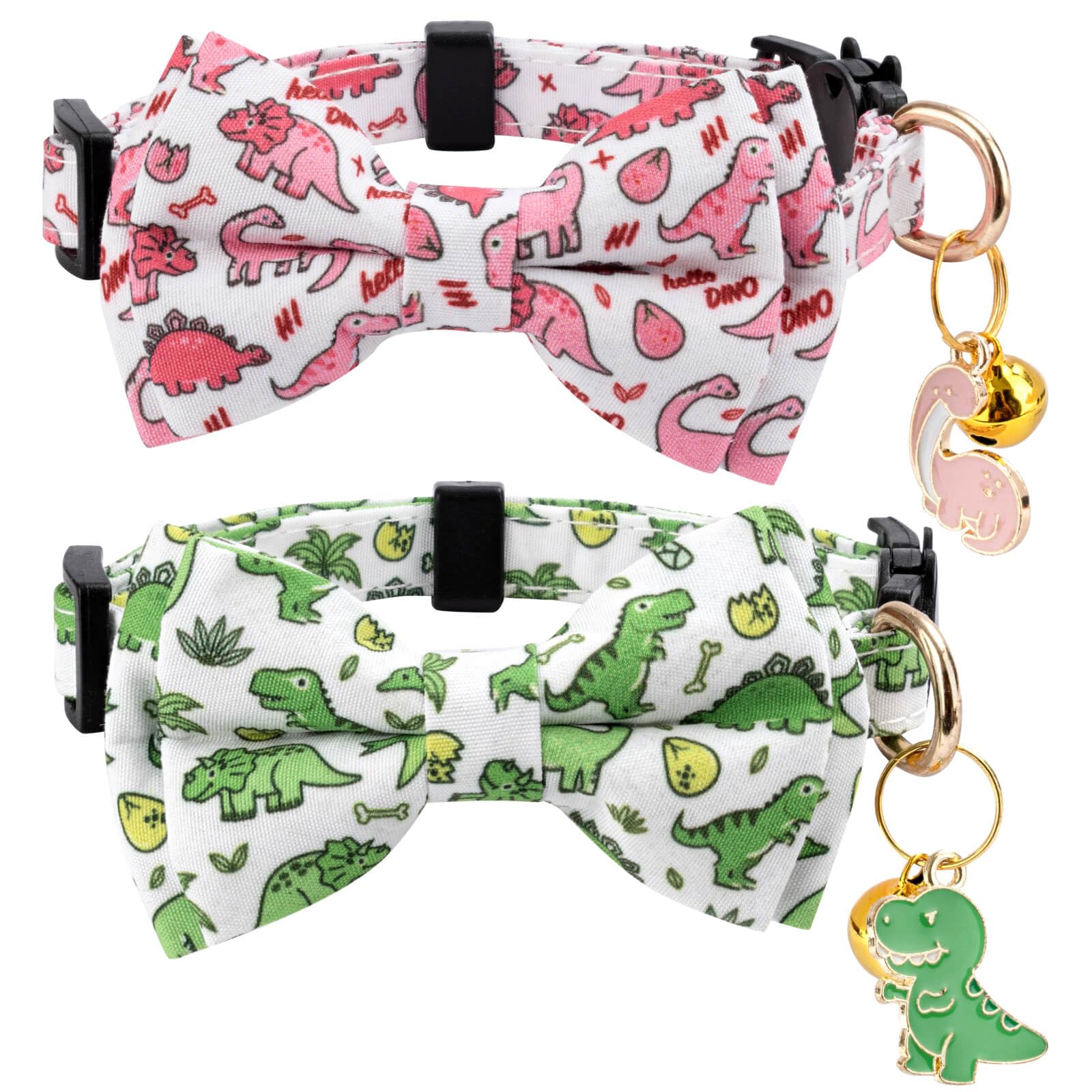 Collier Gelwoo en coton pour chat avec motif dinosaure vert, léger et confortable.