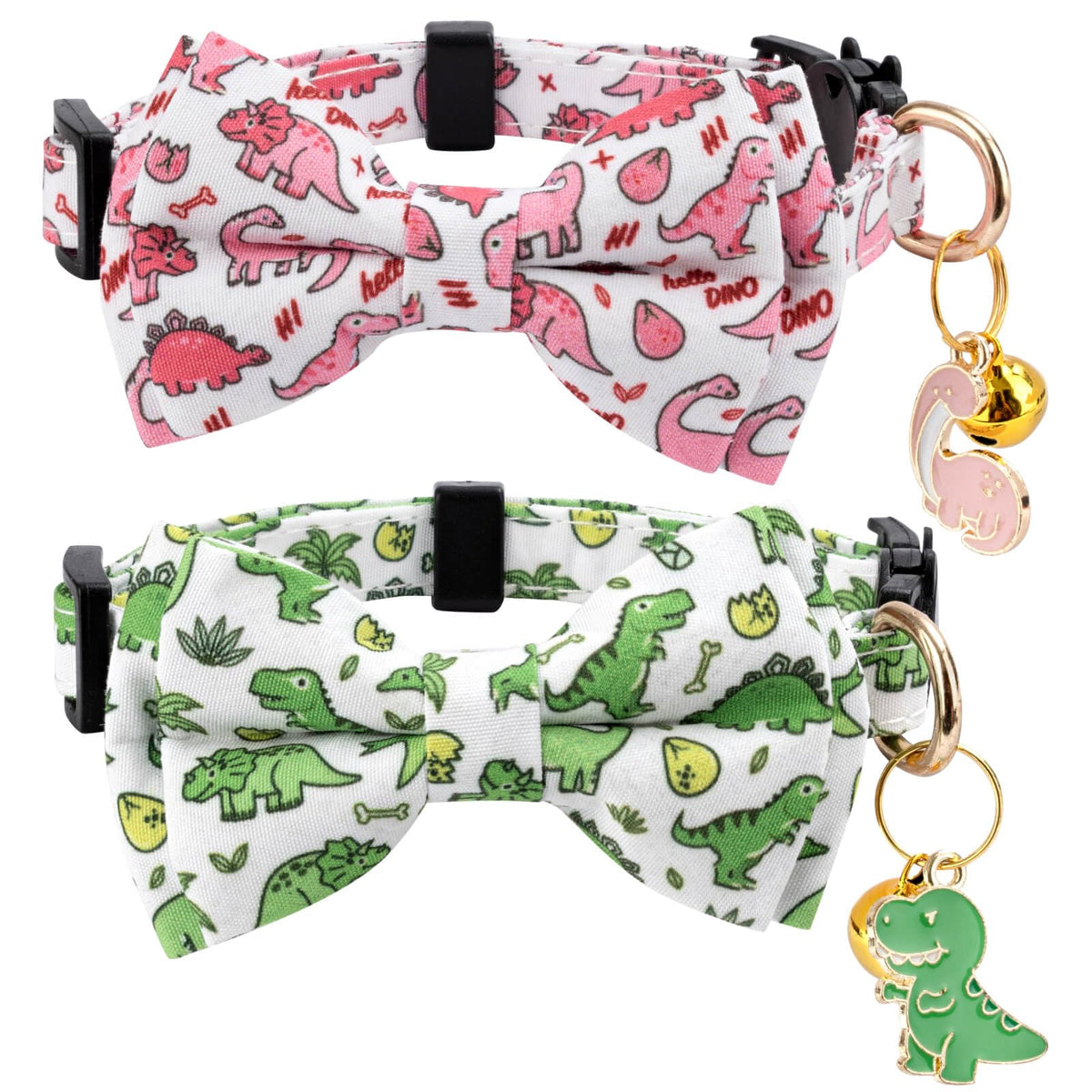 Collier Gelwoo en coton pour chat avec motif dinosaure vert, léger et confortable.
