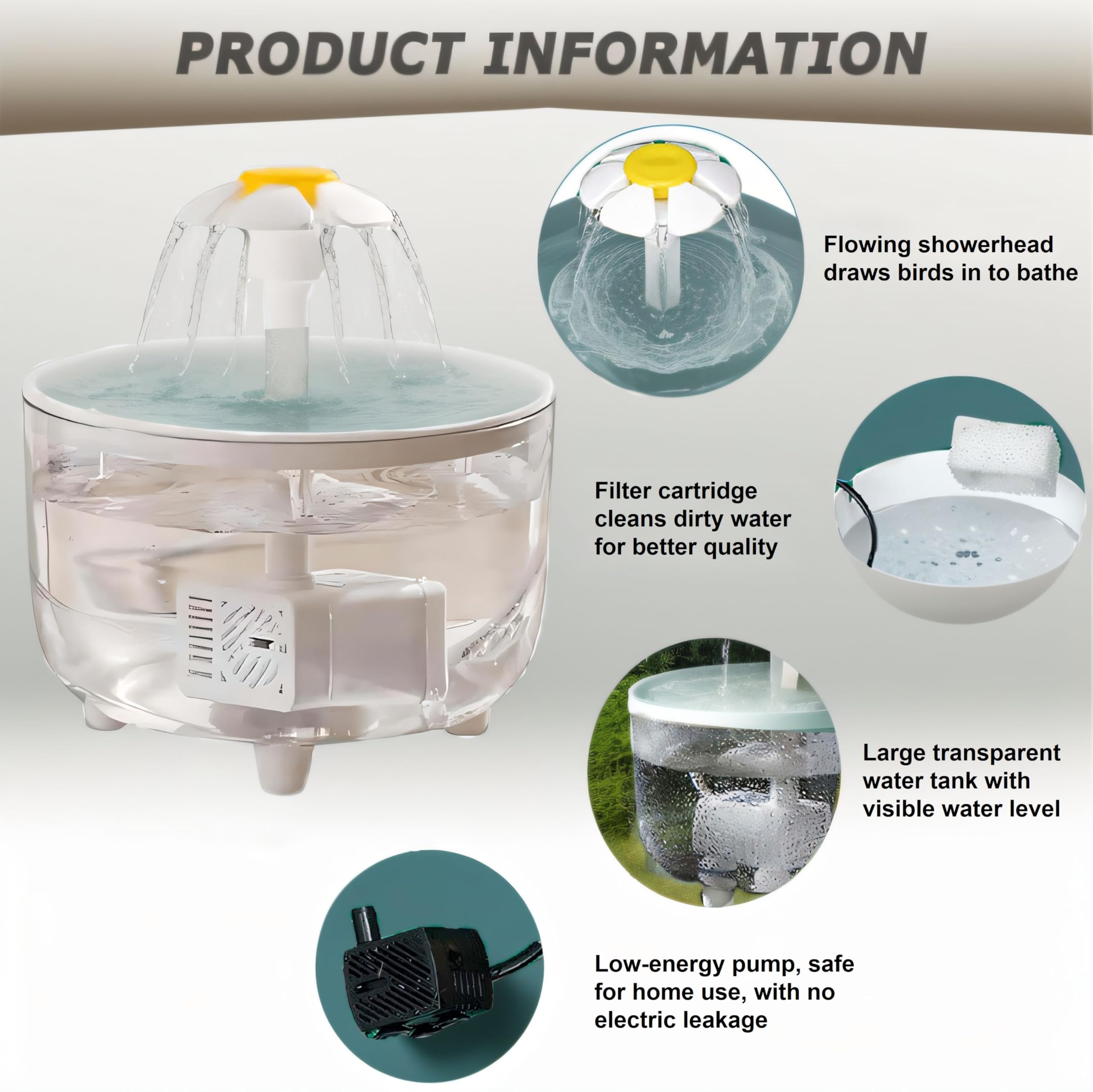 Generic bac eau transparent bain d'oiseau — surveillance facile du niveau.