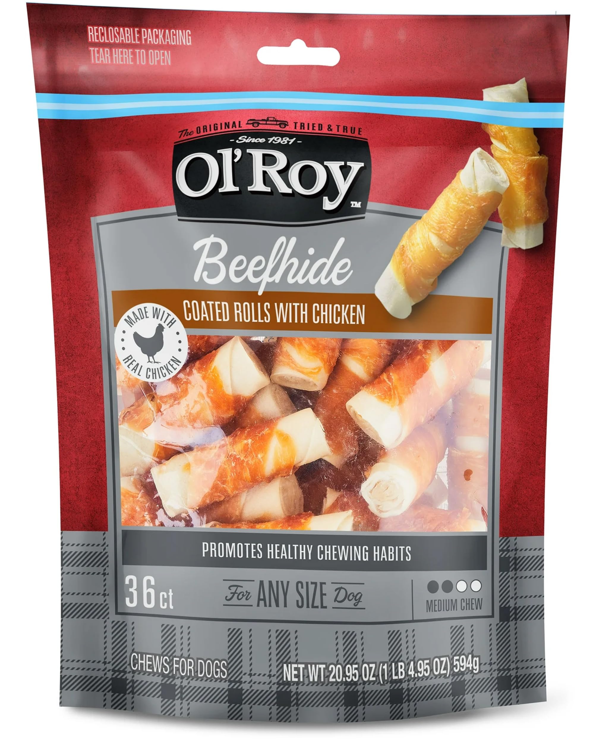 Rouleaux Generic en cuir de bœuf enrobés poulet, texture double pour chien actif