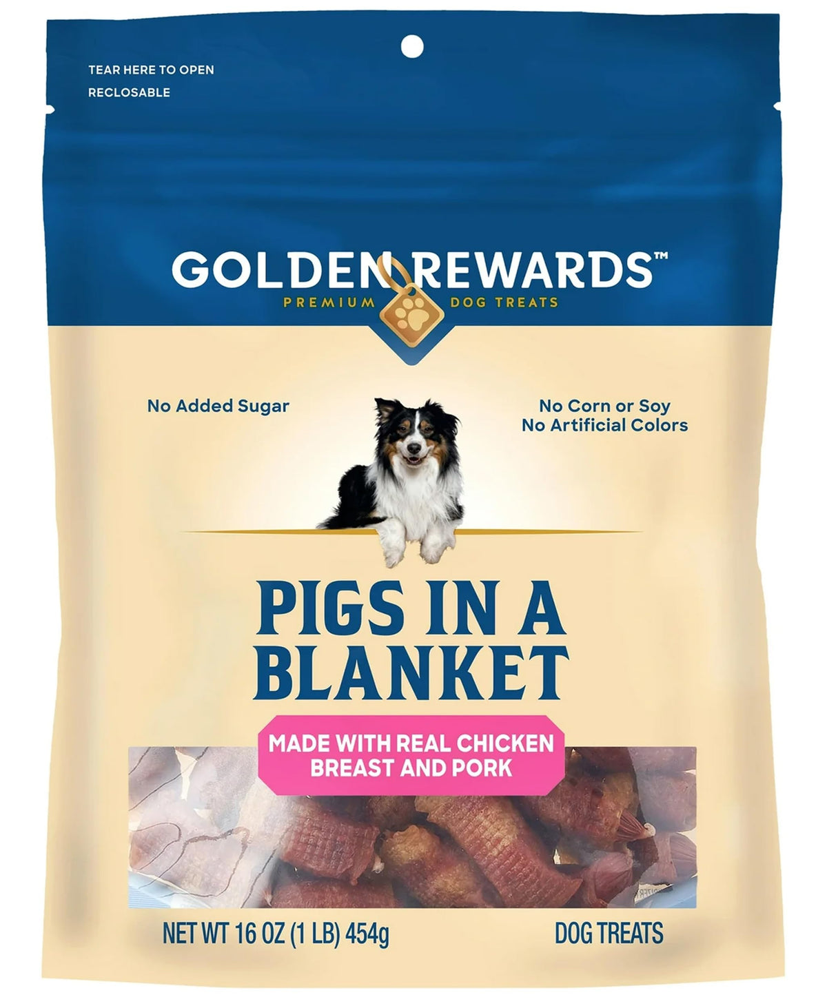 Friandises Golden Rewards pour chien dans un sachet de 454 g, pratique pour les sorties.