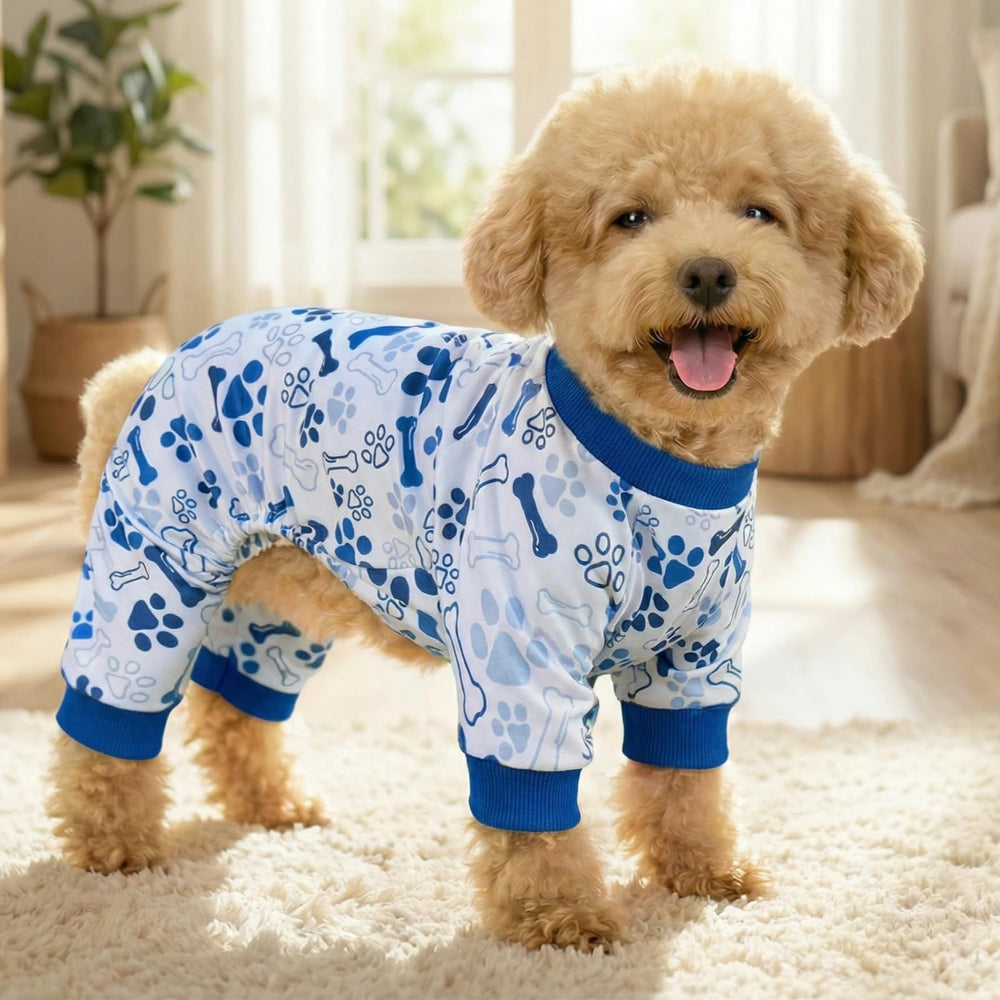Grenouillère chien approuvée, coupe adaptée pour l’abdomen et les visites vétérinaires.