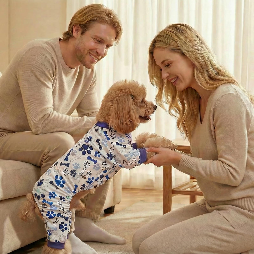 Grenouillère chien approuvée, tissu hypoallergénique doux pour peaux sensibles.