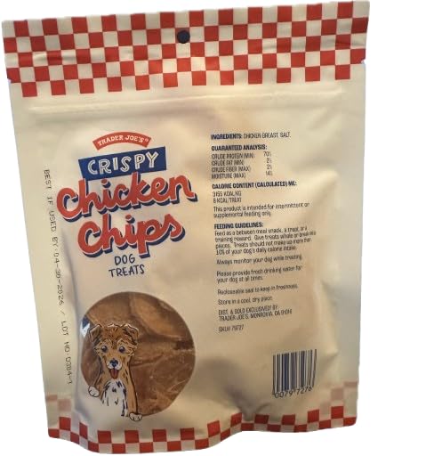 Friandises Trader Js galettes poulet croustillantes, portion prête à l'emploi en sachet.