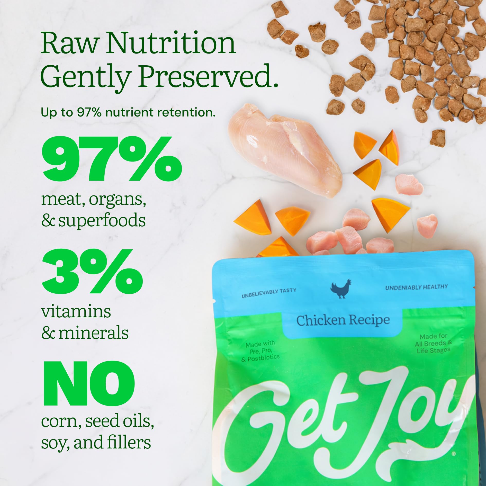 Get Joy Aliments Chien lyophilise ingredients-closeup: ingrédients clés favorisant l'équilibre nutritionnel.