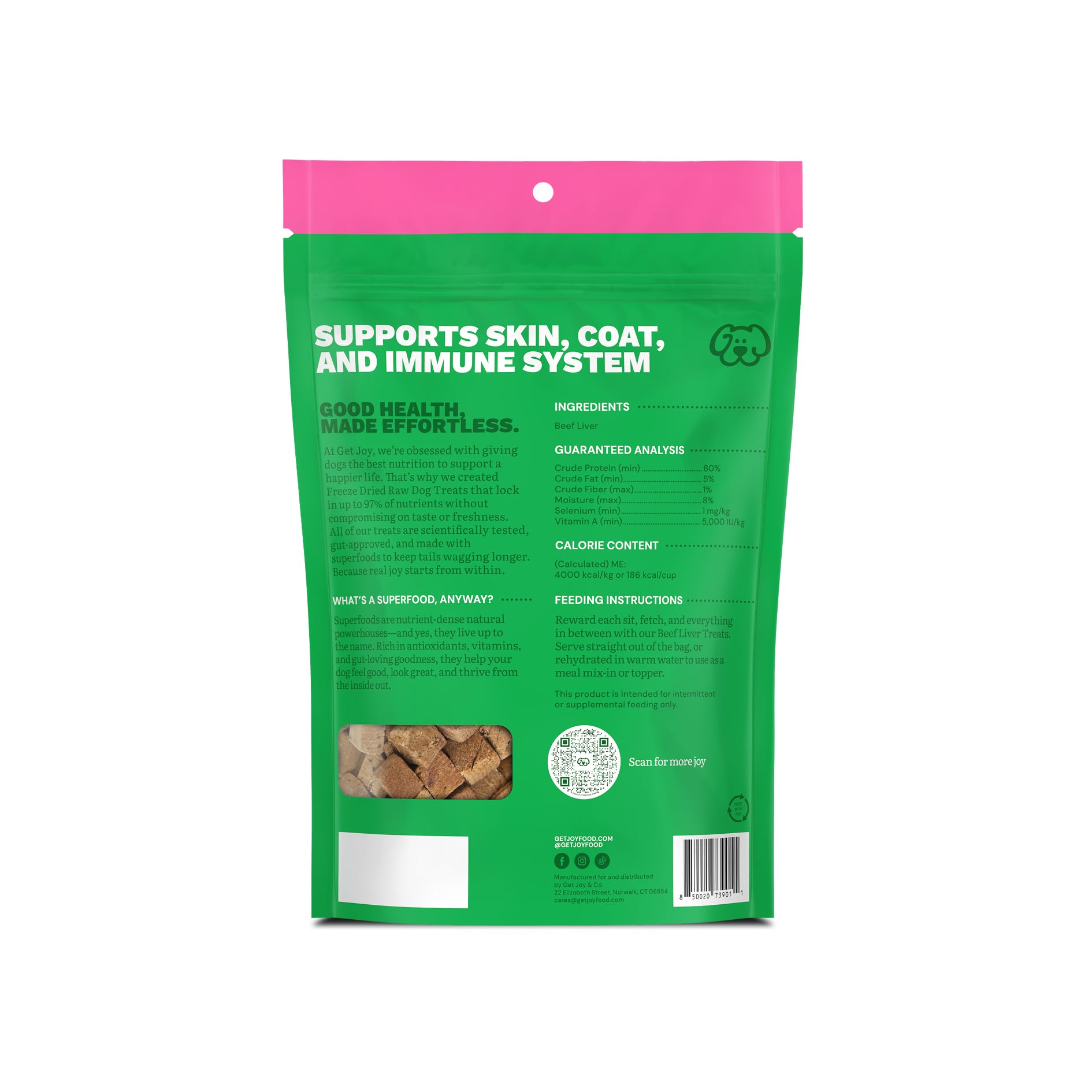 Get Joy foie-boeuf pur 100%, sans additifs, alimentation simple.