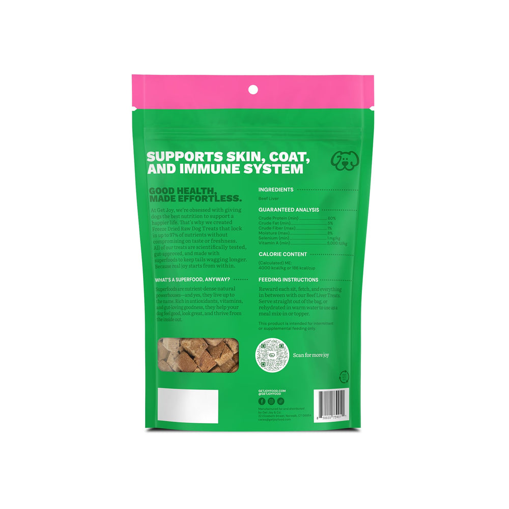 Get Joy foie-boeuf pur 100%, sans additifs, alimentation simple.
