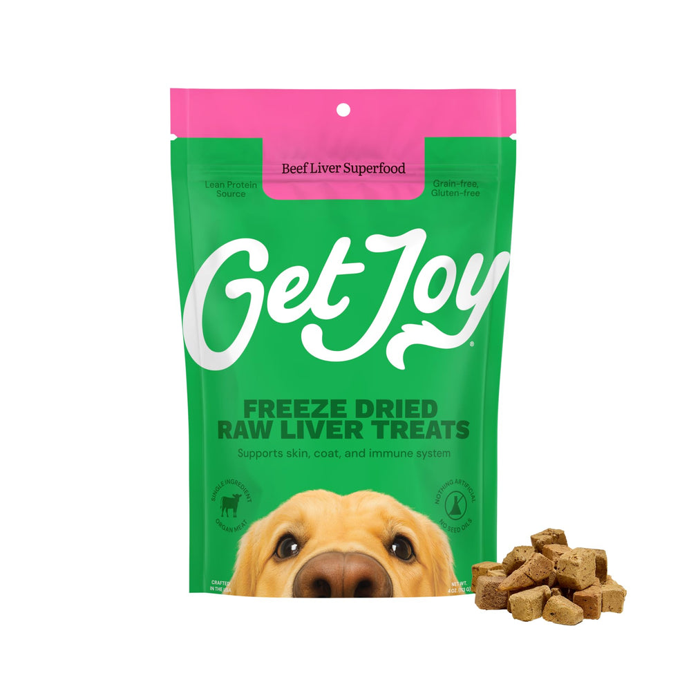 Get Joy foie-boeuf lyophilisée en sachet, friandise protéinée pour chien actif.