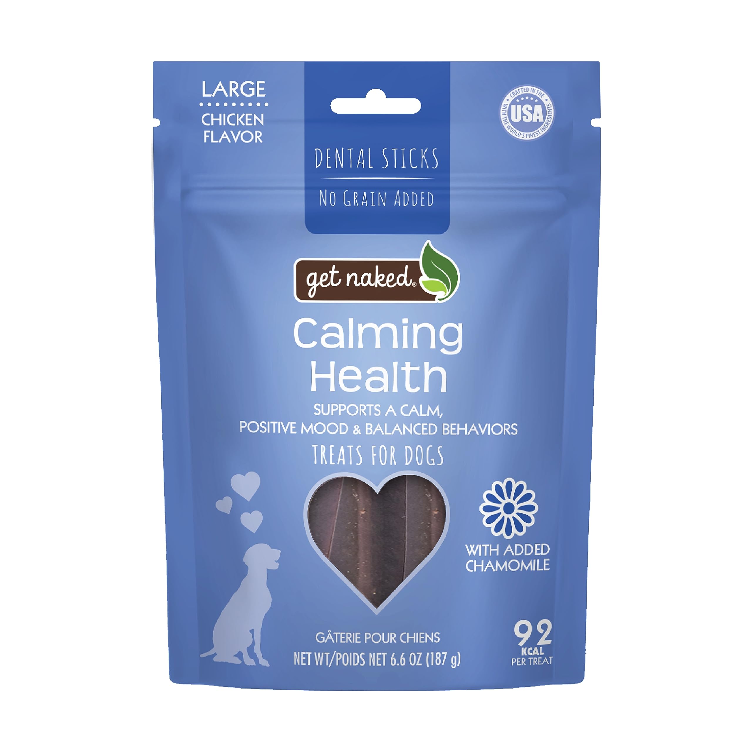 Get Naked bâtonnets dentaires apaisants au poulet pour chien, aide potentielle au calme et haleine fraîche.