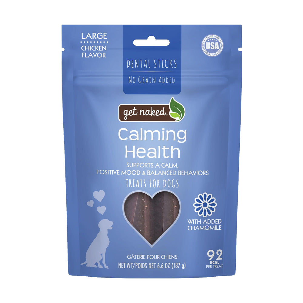 Get Naked bâtonnets dentaires apaisants au poulet pour chien, aide potentielle au calme et haleine fraîche.
