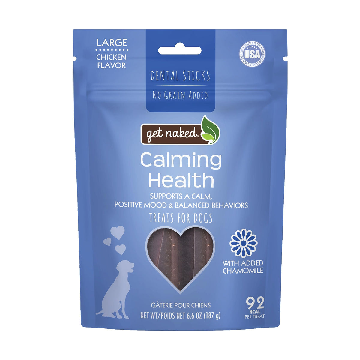 Get Naked bâtonnets dentaires apaisants au poulet pour chien, aide potentielle au calme et haleine fraîche.