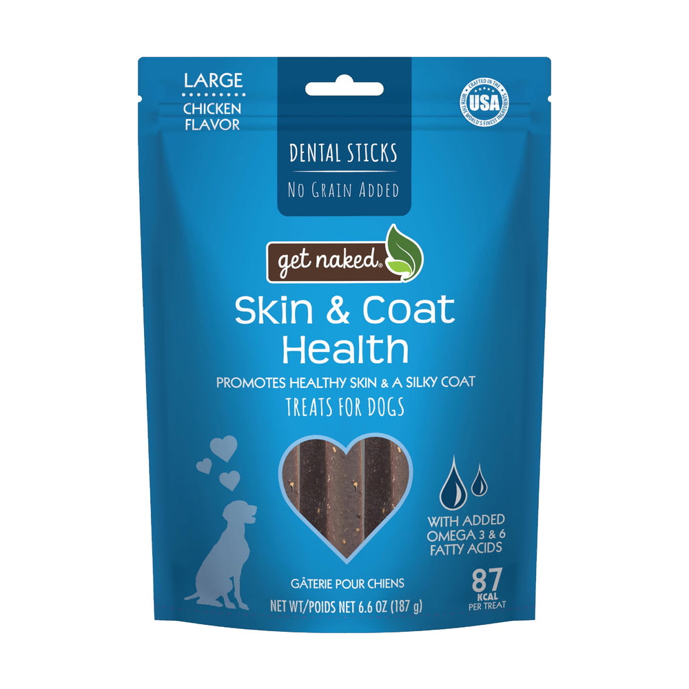 Get Naked bâtonnets dentaires peau et poil, emballage pratique et attrayant.