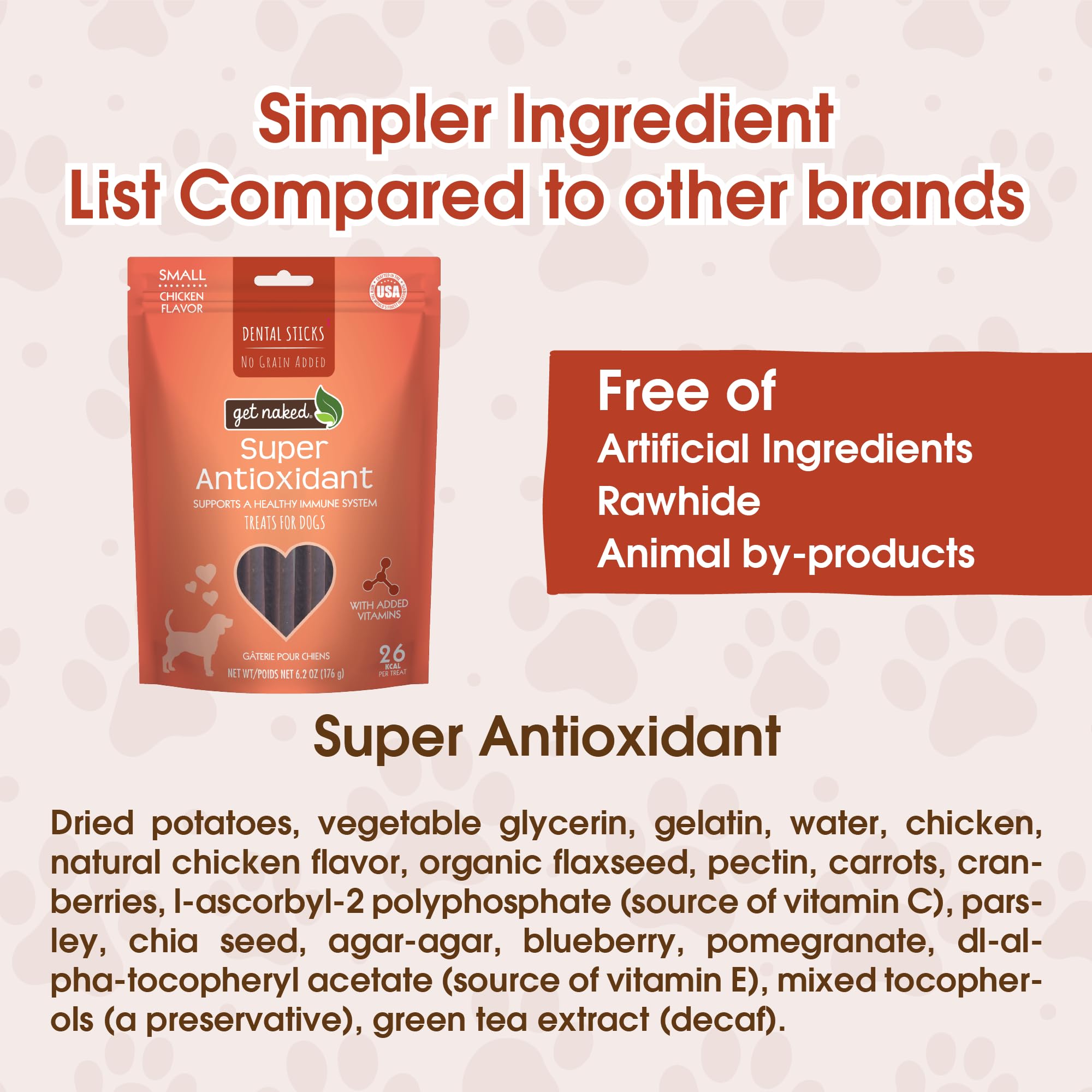 Get Naked bâtons dentaires au poulet, antioxydants pour immunité.