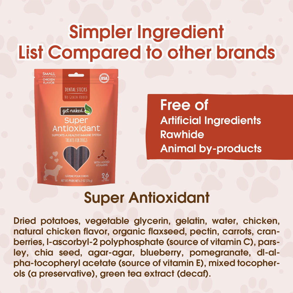 Get Naked bâtons dentaires au poulet, antioxydants pour immunité.