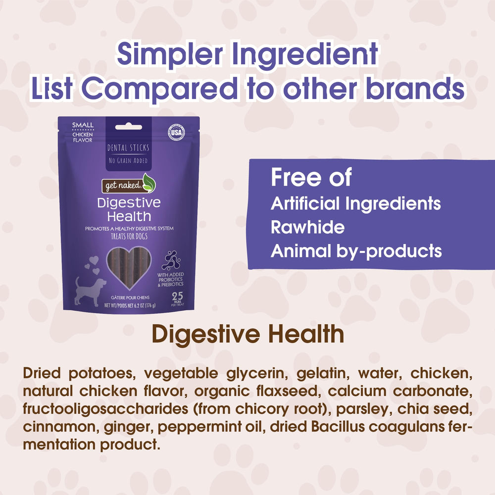 Get Naked bâtons dentaires poulet sans grain, prébiotiques et probiotiques.