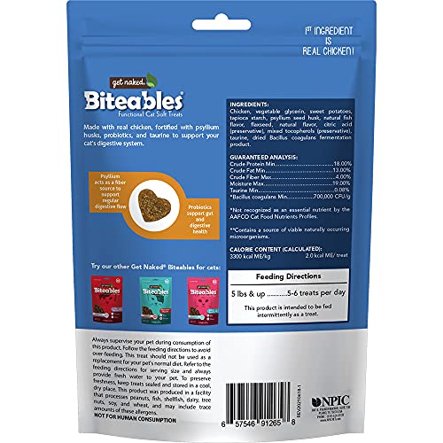 Get Naked Biteables pour chats, premier ingrédient poulet, croquant tendre et appétissant.