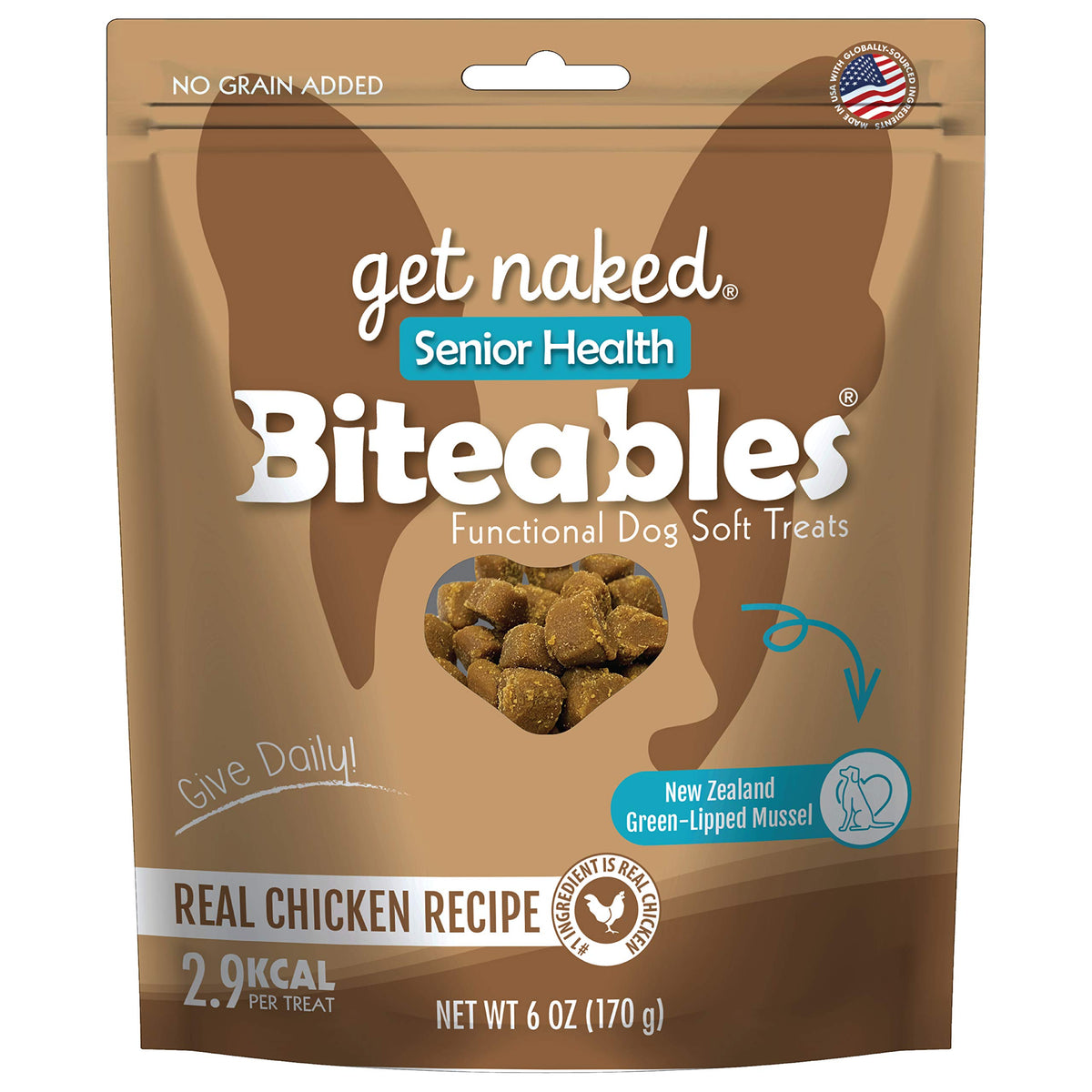 Get Naked Biteables emballage pratique pour chien âgé, prêt à l'emploi.