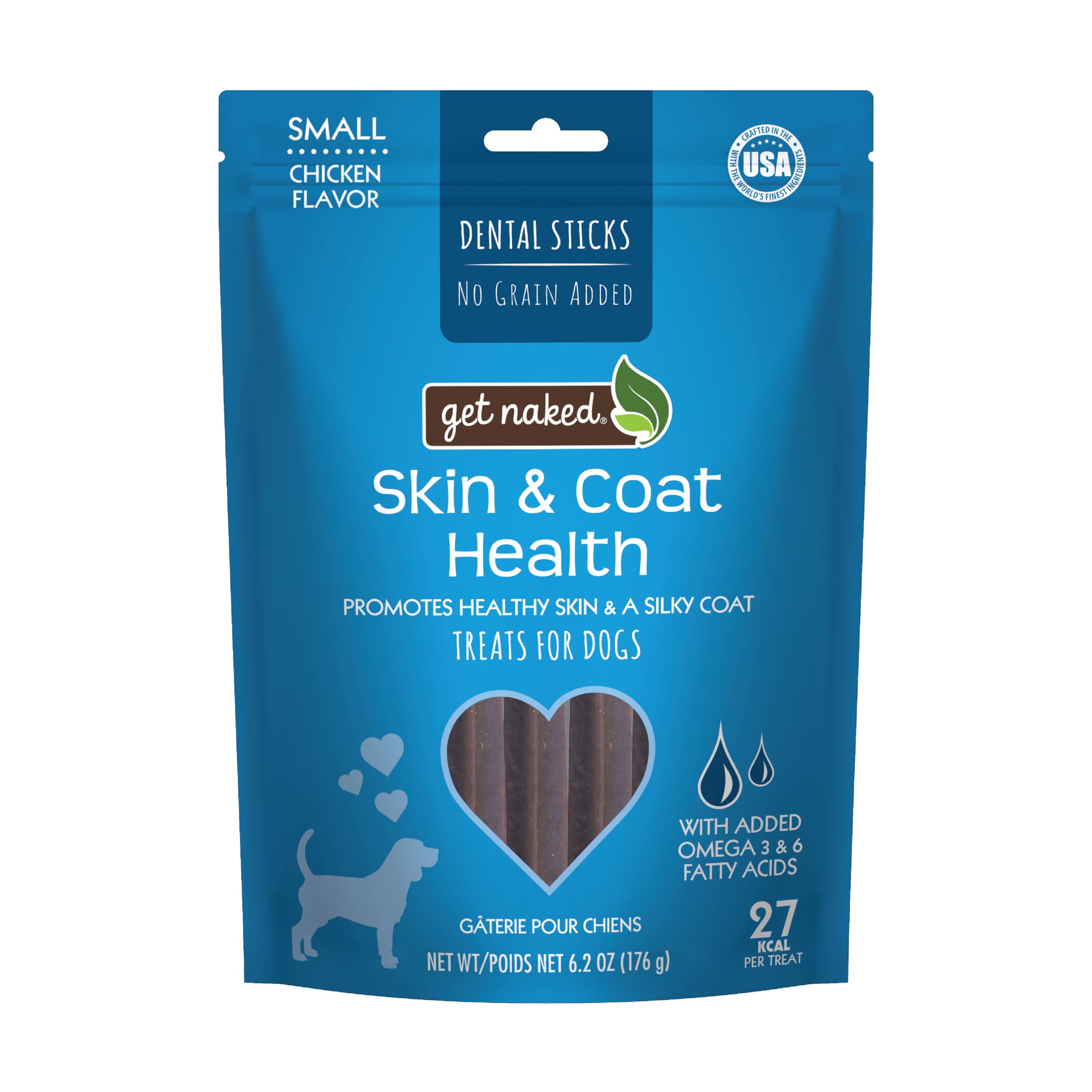 Get Naked Skin & Coat: bâtonnets dentaires grain-free pour chien, pelage brillant.