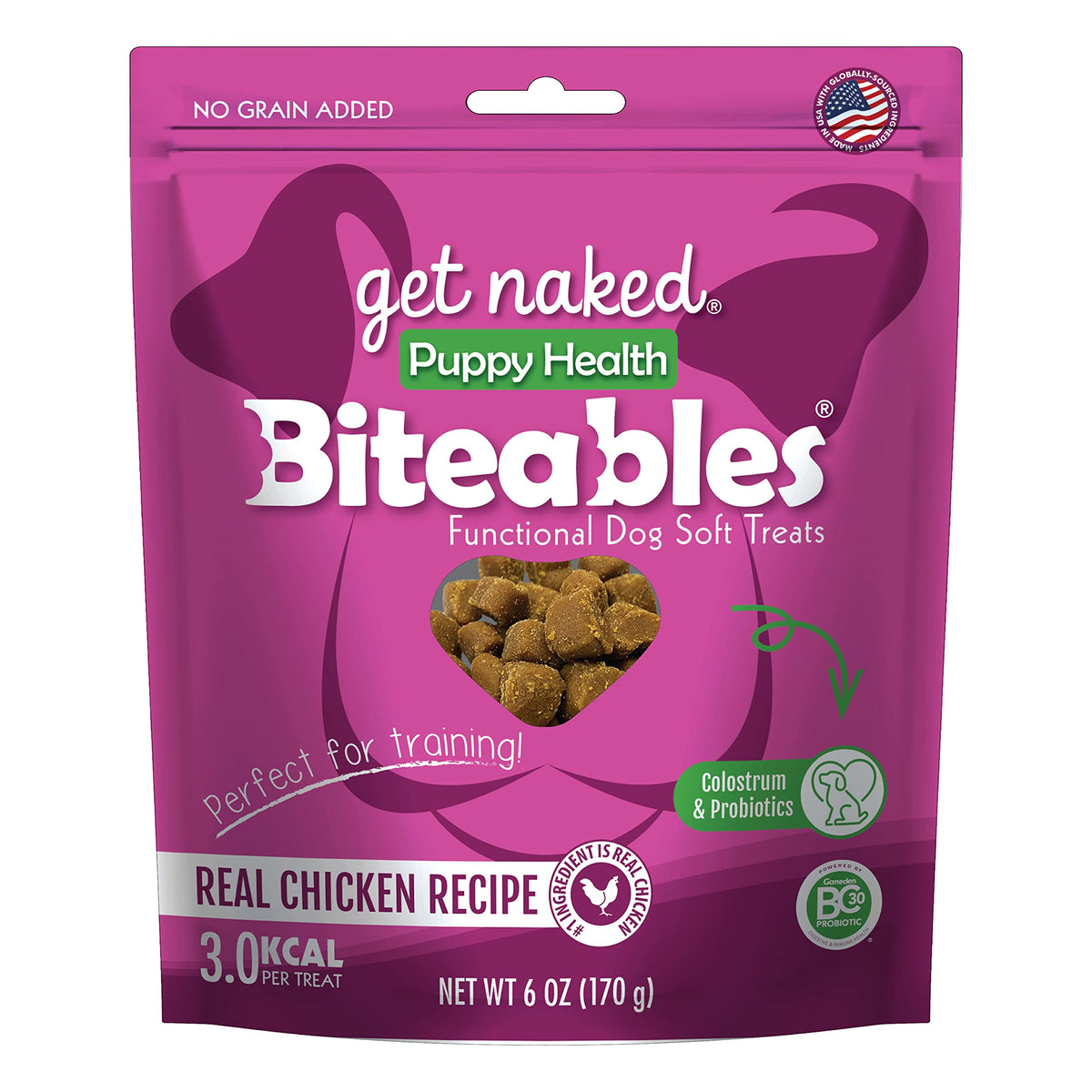 Get Naked Puppy Health Biteables – emballage visible pour chiots en sachet.