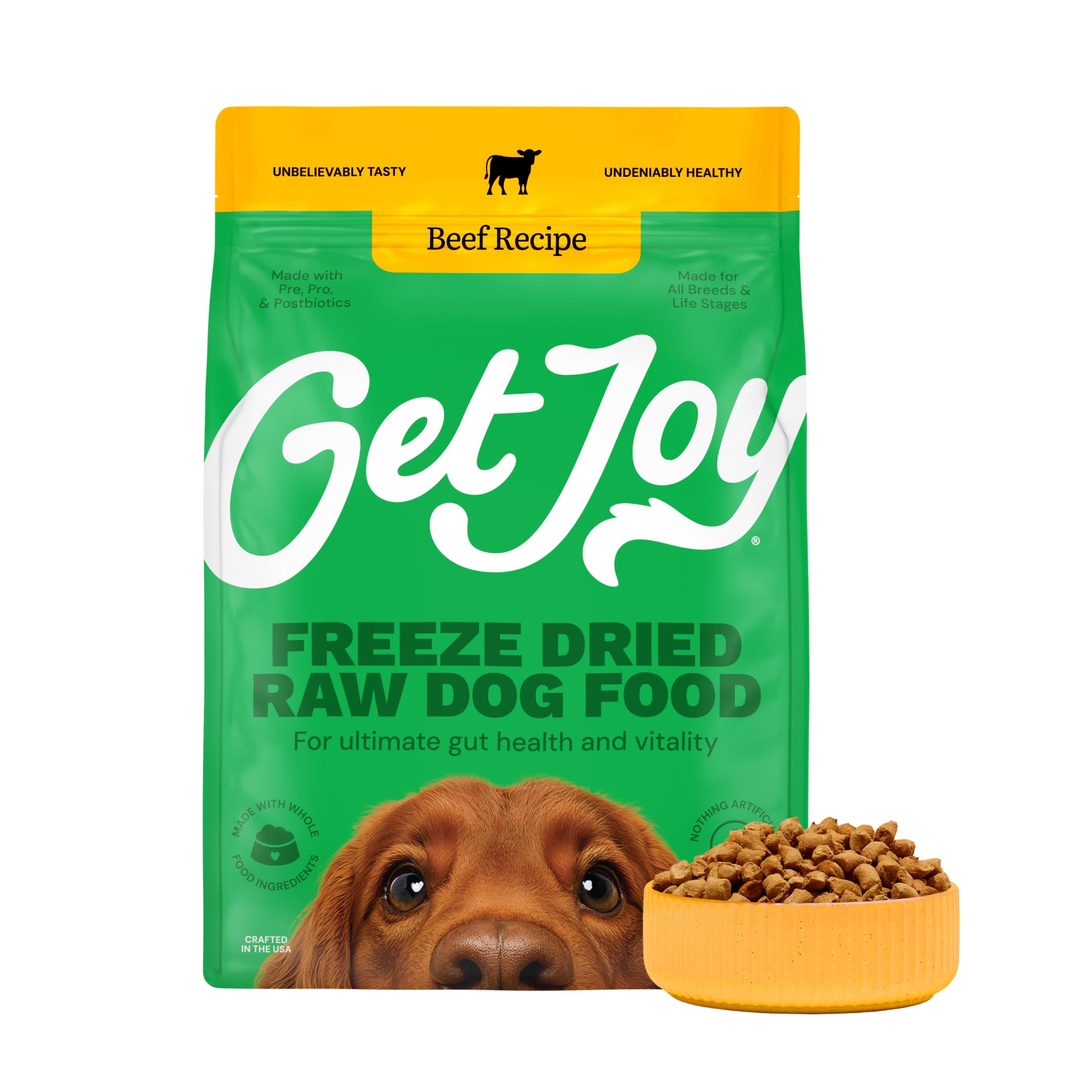 Get Joy Freeze-Dried Raw Beef Meal sachet pratique pour un repas rapide.