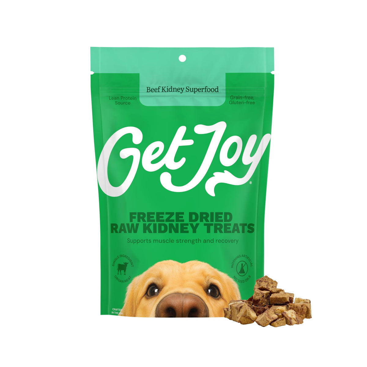 Get Joy rognons de boeuf lyophilisés, grande photo produit évoquant une récompense d'entraînement.